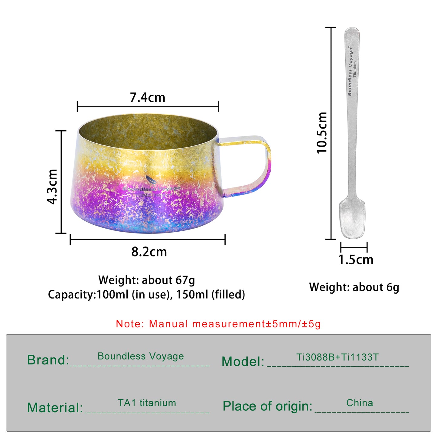 Boundless Voyage Titanium Double Wall Coffee Cup 100ml with Stirring Spoon Mini Tea Mug Espresso Cup Outdoor Camping Travel Ultralight Durable Portable Drinkware Ti3088B+Ti1133T