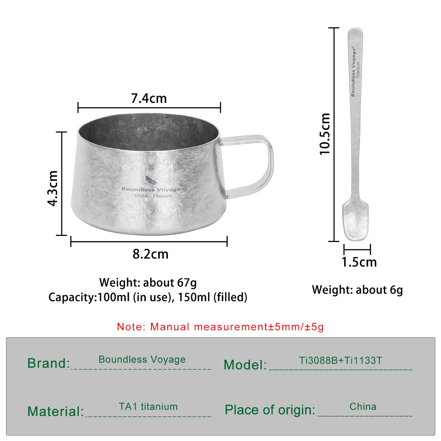 Boundless Voyage Titanium Double Wall Coffee Cup 100ml with Stirring Spoon Mini Tea Mug Espresso Cup Outdoor Camping Travel Ultralight Durable Portable Drinkware Ti3088B+Ti1133T