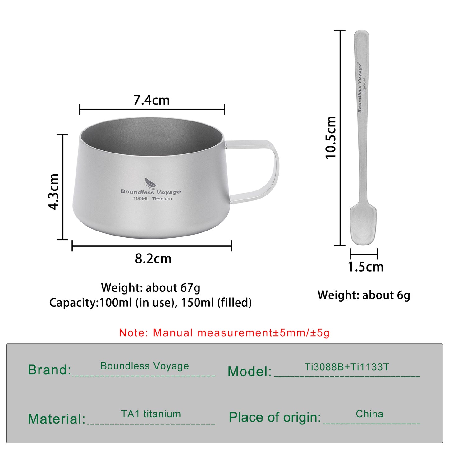 Boundless Voyage Titanium Double Wall Coffee Cup 100ml with Stirring Spoon Mini Tea Mug Espresso Cup Outdoor Camping Travel Ultralight Durable Portable Drinkware Ti3088B+Ti1133T