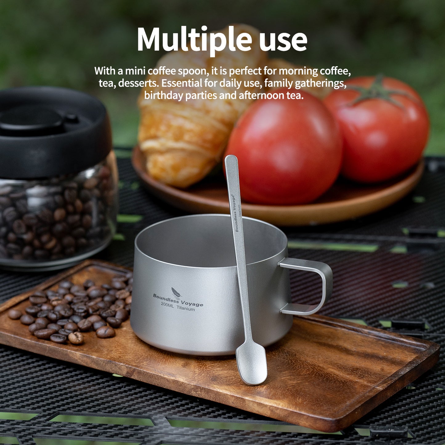 Boundless Voyage Titanium Double Wall Coffee Cup 200ml with Stirring Spoon Mini Tea Mug Espresso Cup Outdoor Camping Travel Ultralight Durable Portable Drinkware Ti3088C+Ti1134T