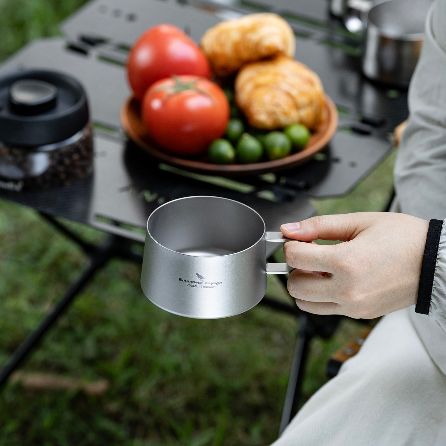 Boundless Voyage Titanium Double Wall Coffee Cup 200ml with Stirring Spoon Mini Tea Mug Espresso Cup Outdoor Camping Travel Ultralight Durable Portable Drinkware Ti3088C+Ti1134T