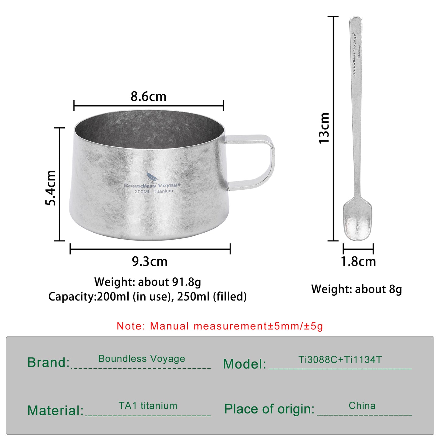 Boundless Voyage Titanium Double Wall Coffee Cup 200ml with Stirring Spoon Mini Tea Mug Espresso Cup Outdoor Camping Travel Ultralight Durable Portable Drinkware Ti3088C+Ti1134T