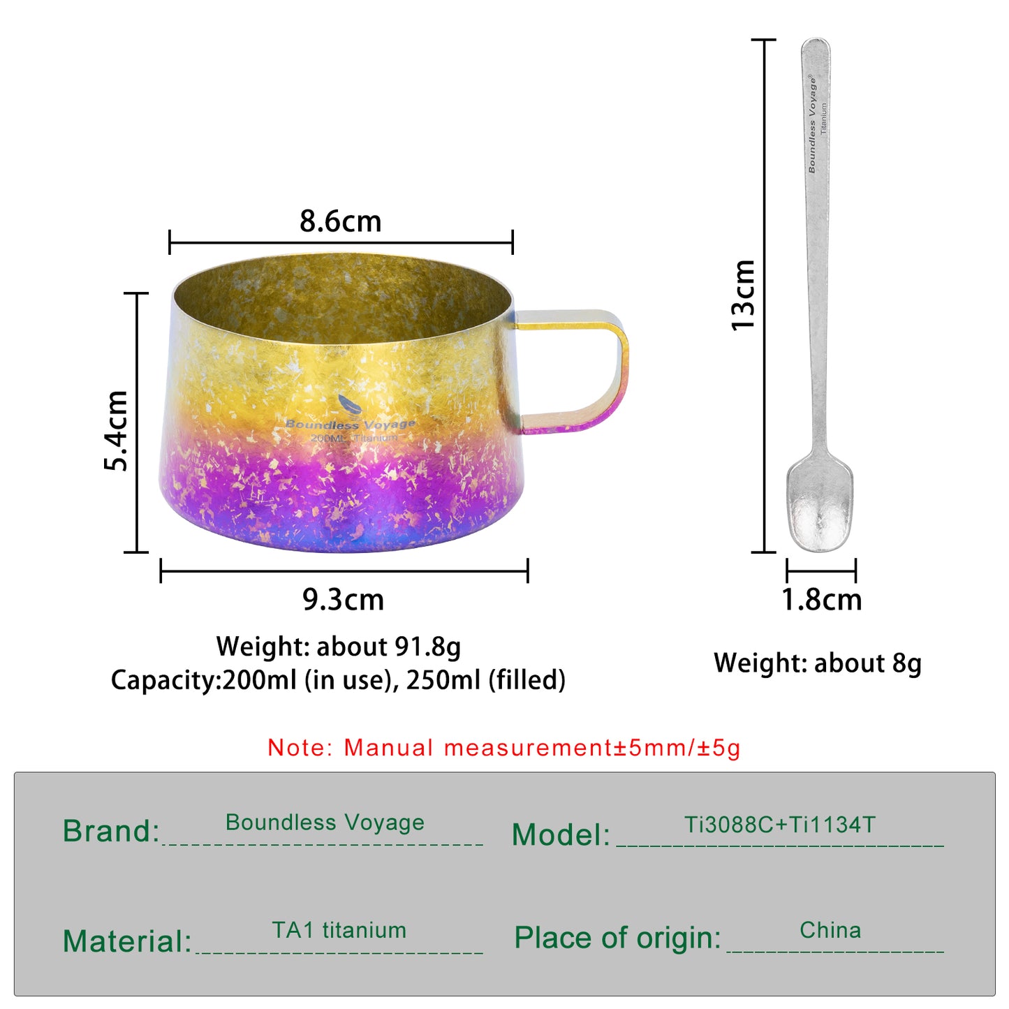 Boundless Voyage Titanium Double Wall Coffee Cup 200ml with Stirring Spoon Mini Tea Mug Espresso Cup Outdoor Camping Travel Ultralight Durable Portable Drinkware Ti3088C+Ti1134T