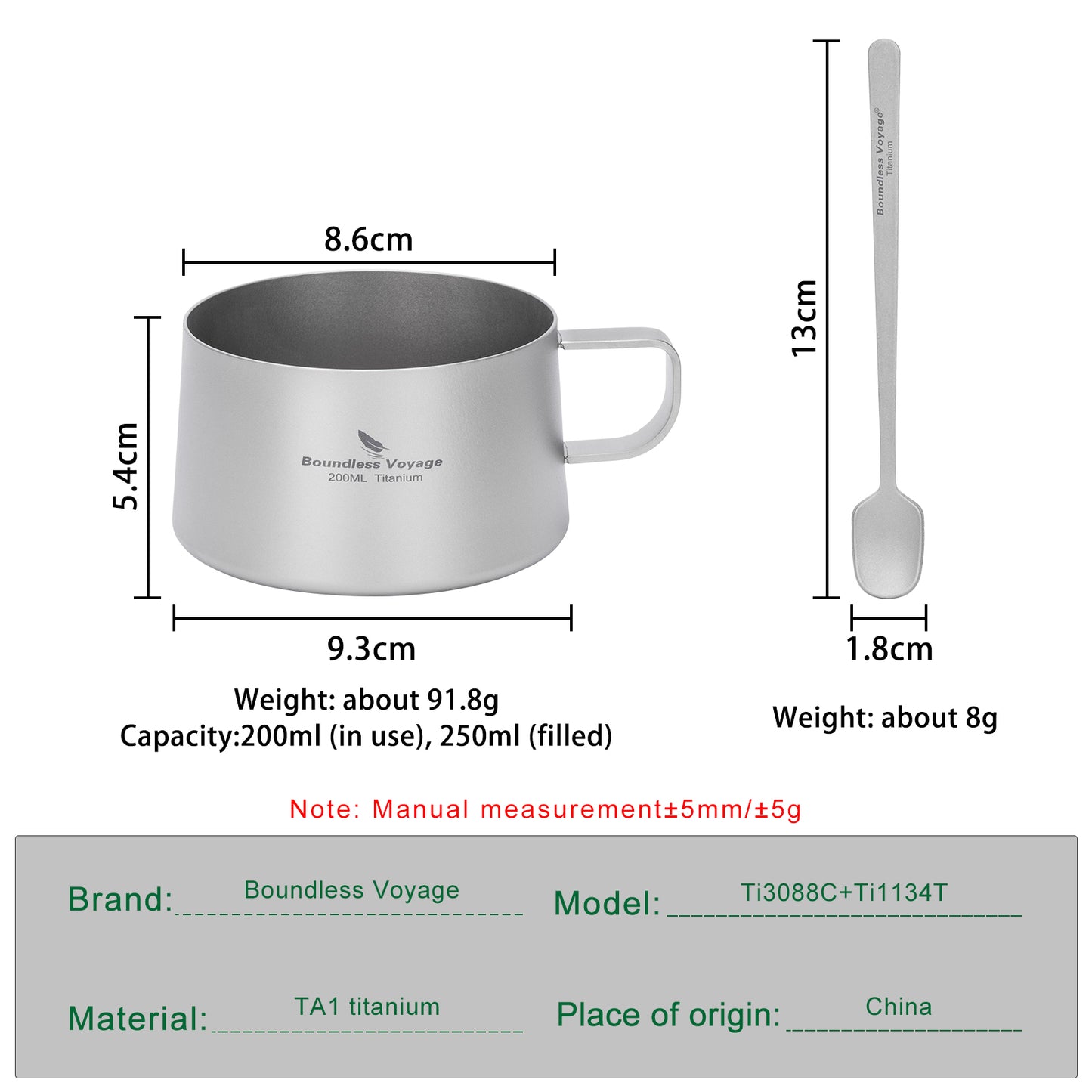 Boundless Voyage Titanium Double Wall Coffee Cup 200ml with Stirring Spoon Mini Tea Mug Espresso Cup Outdoor Camping Travel Ultralight Durable Portable Drinkware Ti3088C+Ti1134T