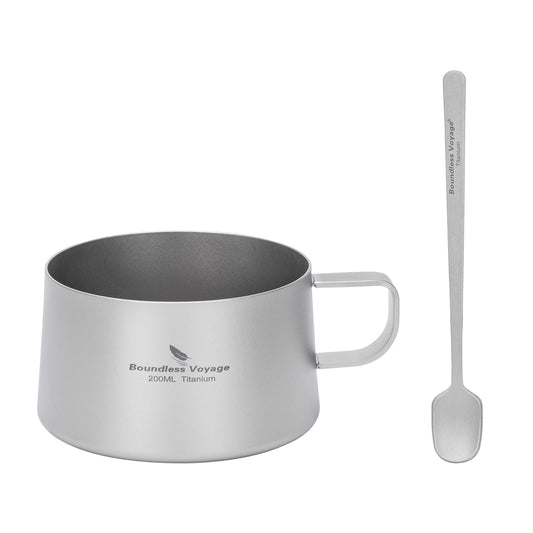 Boundless Voyage Titanium Double-Wall Coffee Cup 200ml with Stirring Spoon, Ultralight Portable Mug for Camping & Travel Ti3088C+Ti1134T