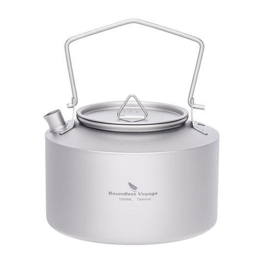 Boundless Voyage 1000ml Ultralight Titanium Camping Kettle with Foldable Handle & Steam Vent Lid, One-Piece Body Water Pot for Outdoor Hiking Backpacking Ti3099D
