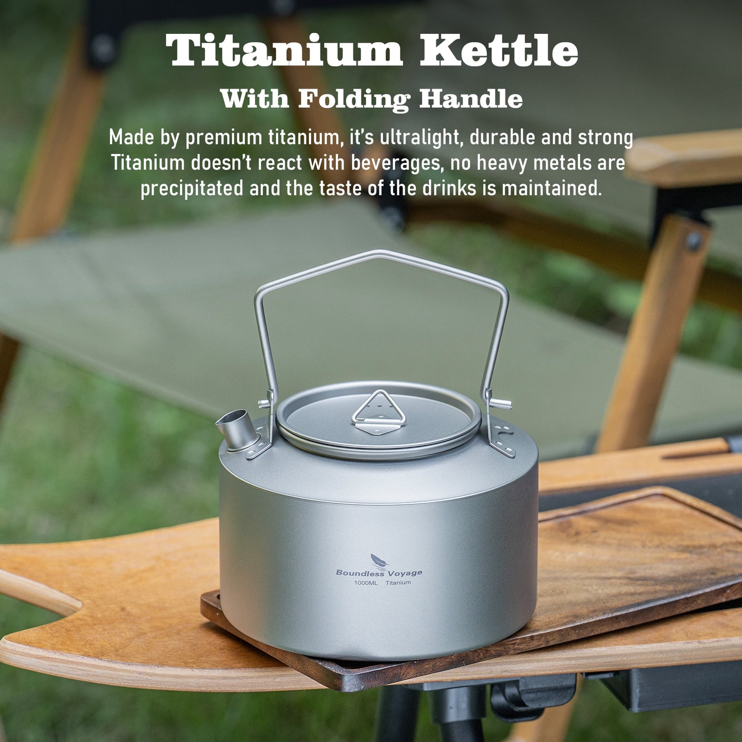 Boundless Voyage 1000ml Ultralight Titanium Camping Kettle with Foldable Handle & Steam Vent Lid, One-Piece Body Water Pot for Outdoor Hiking Backpacking Ti3099D