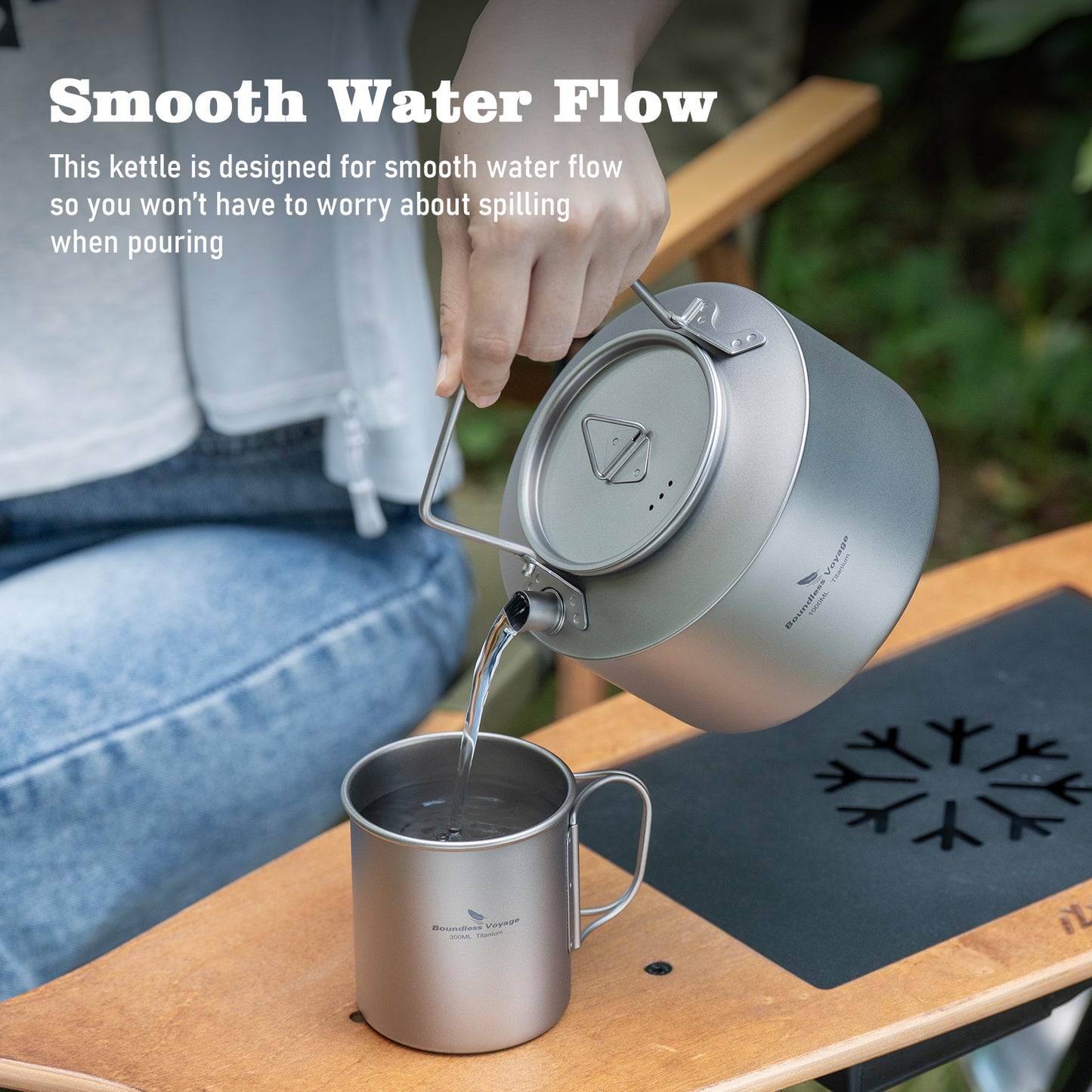 Boundless Voyage 1000ml Ultralight Titanium Camping Kettle with Foldable Handle & Steam Vent Lid, One-Piece Body Water Pot for Outdoor Hiking Backpacking Ti3099D