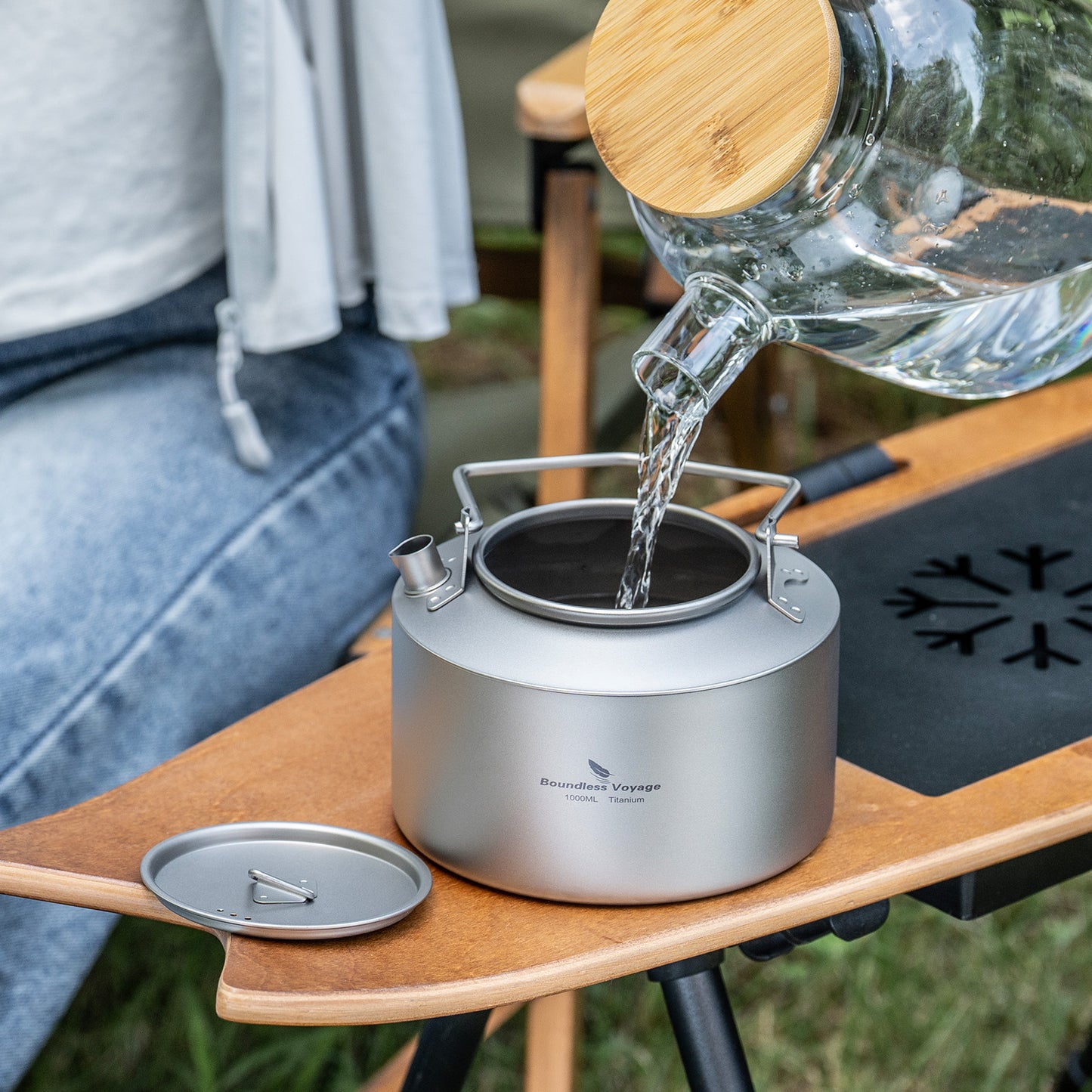 Boundless Voyage 1000ml Ultralight Titanium Camping Kettle with Foldable Handle & Steam Vent Lid, One-Piece Body Water Pot for Outdoor Hiking Backpacking Ti3099D