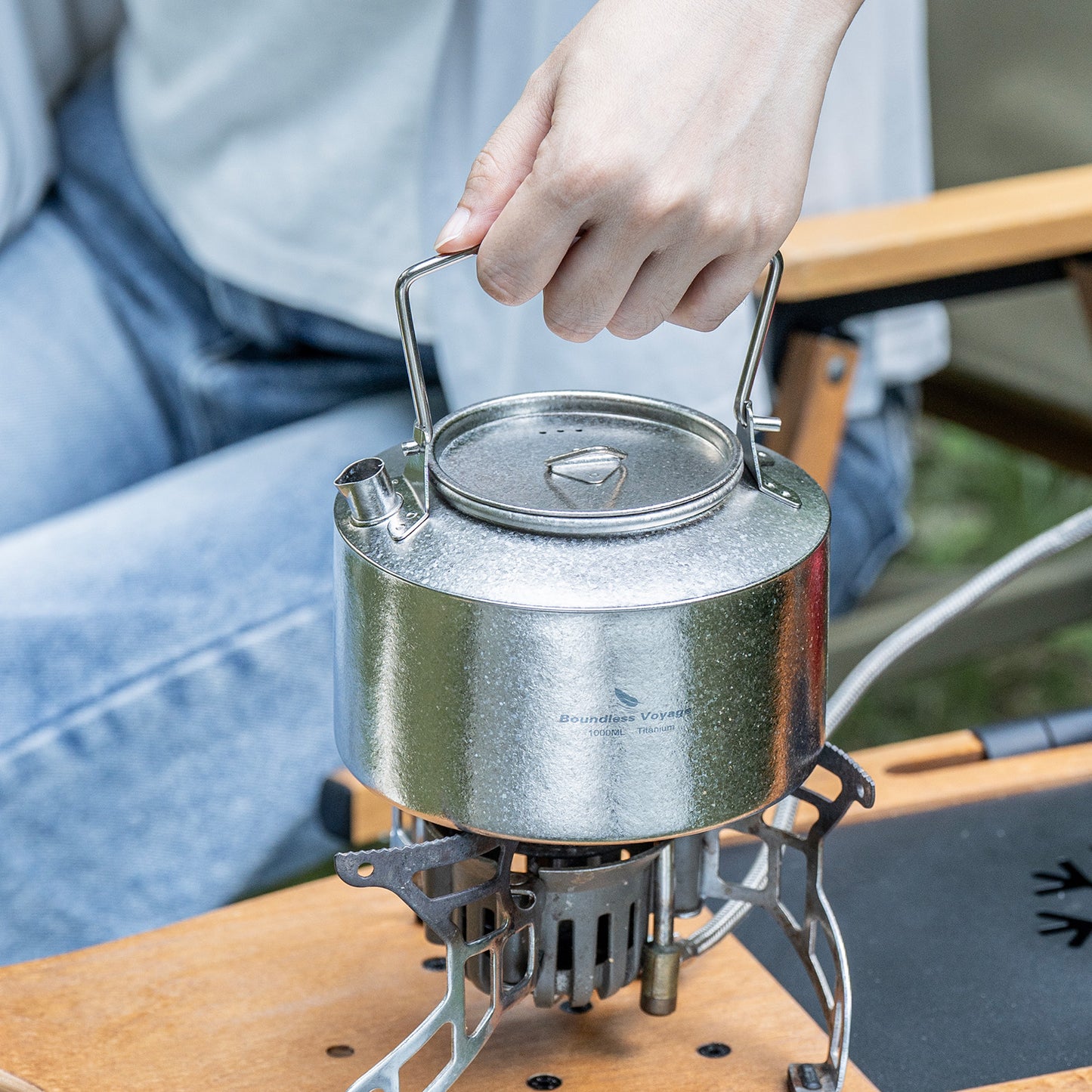 Boundless Voyage 1000ml Ultralight Titanium Camping Kettle with Foldable Handle & Steam Vent Lid, One-Piece Body Water Pot for Outdoor Hiking Backpacking Ti3099D