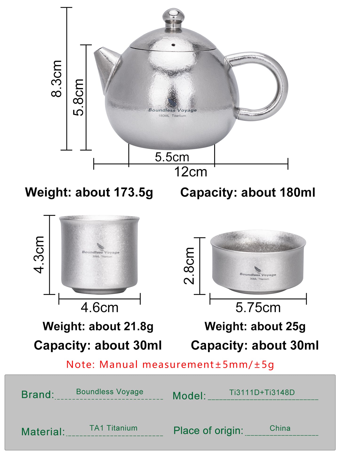 Boundless Voyage Titanium Teapot 180ml, Lightweight Loose Leaf Tea Pot with Anti-Scald Handle & Vented Lid,Tea Maker for Home Office Camping Travel Ti3111D