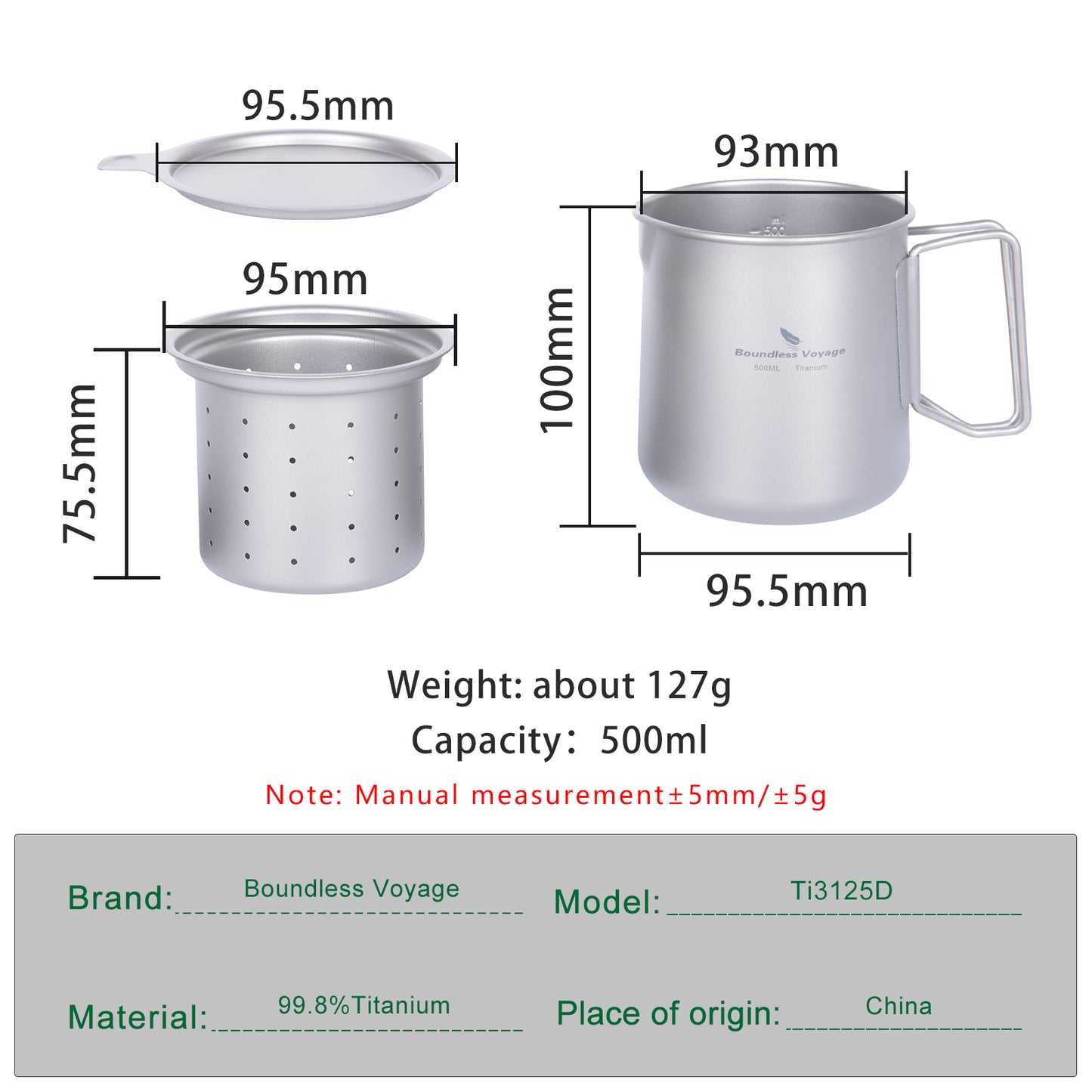 Boundless Voyage 500ml Ultralight Titanium Pot with Lid, Built-in Filter Strainer & Foldable Handles, Camping Mug for Coffee Tea Brewing Hiking Backpacking Ti3125D