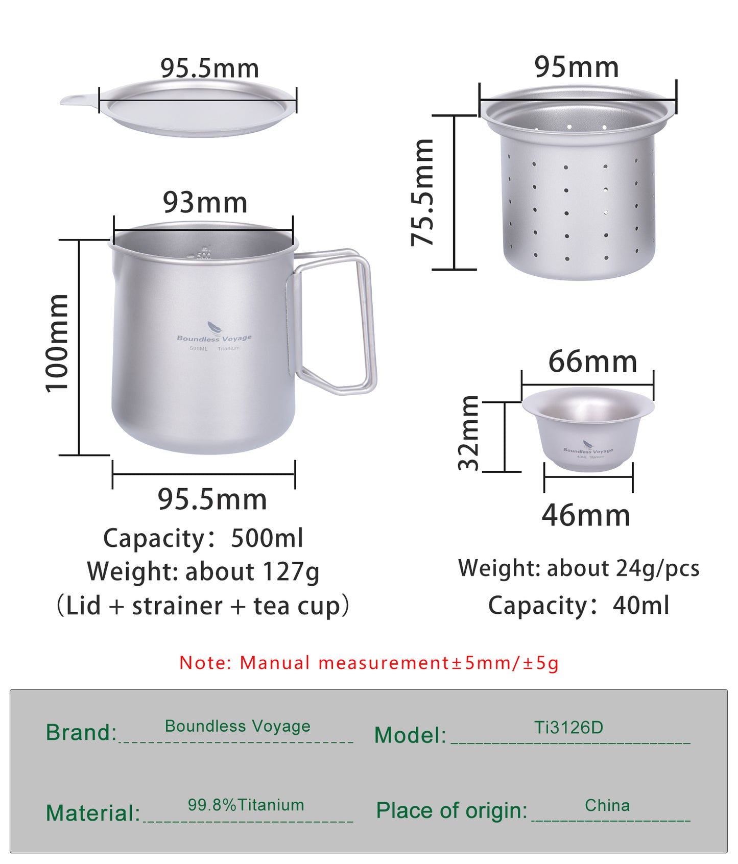 Boundless Voyage Pure Titanium Tea Mug Set, 500ml Cup with Lid, Scale & Strainer, Foldable Handle + Two 40ml Mini Teacups, Compact Camping Kit with Storage Bag Ti3126D