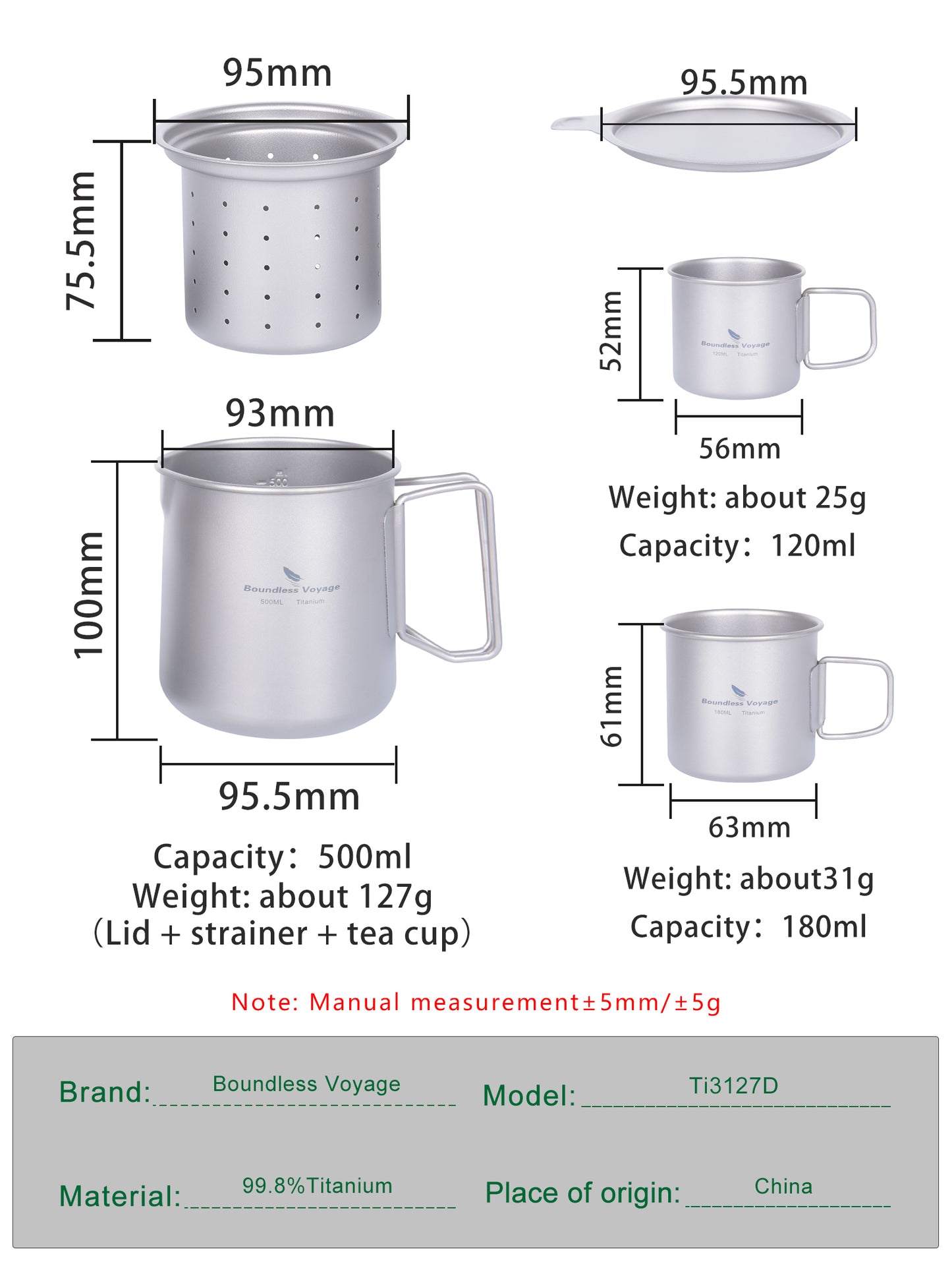 Boundless Voyage Ultralight Titanium Camping Pot Set, 500ml Mug with Portable Foldable Handles & 2pcs Small Cups, Outdoor Cookware for Hiking Backpacking Travel Ti3127D
