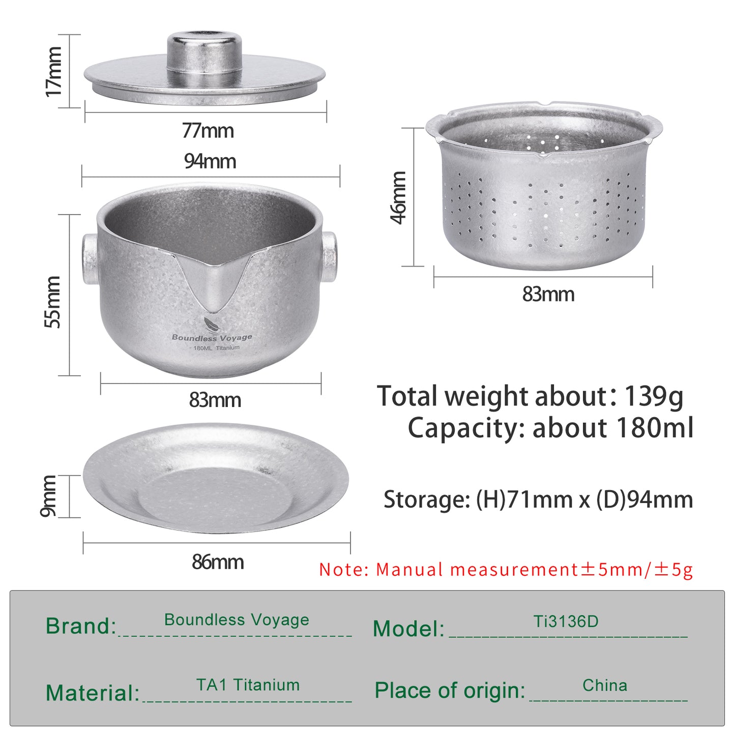 Boundless Voyage 180ml Crystalline Titanium Tea Maker with Filter & Lid, Double-Wall Anti-Scald Teapot Ti3136D
