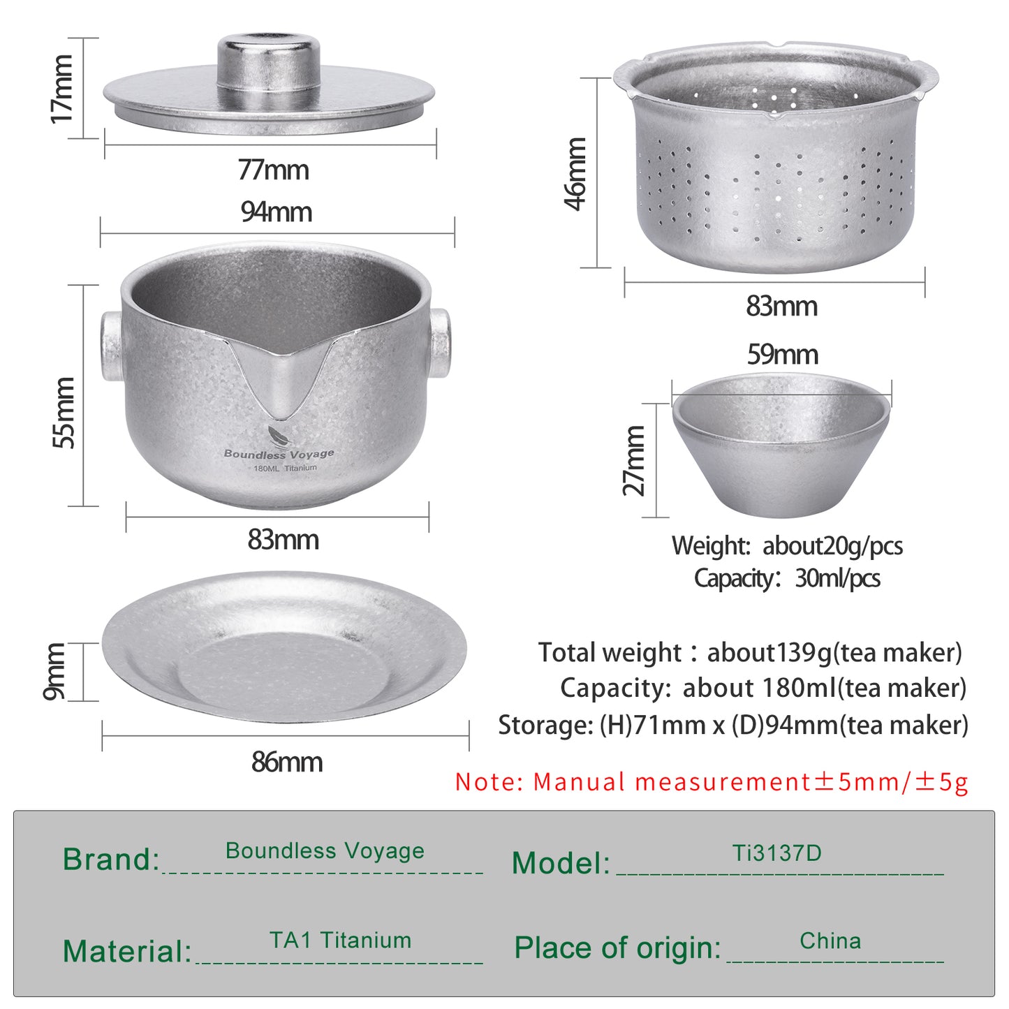 Boundless Voyage 180ml Crystalline Titanium Tea Maker with Filter & Lid, Double-Wall Anti-Scald Teapot Ti3136D