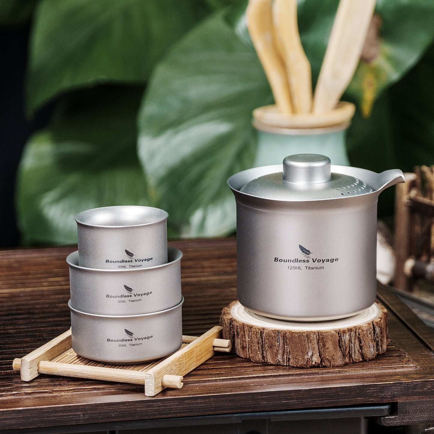 Boundless Voyage Titanium Double-Layer Tea Maker Set, Comes with 3Pcs 30ml Mini Tea Cups, Ultralight Portable Complete Tea Set for Outdoor Camping Travel Tea Brewing Ti3149D