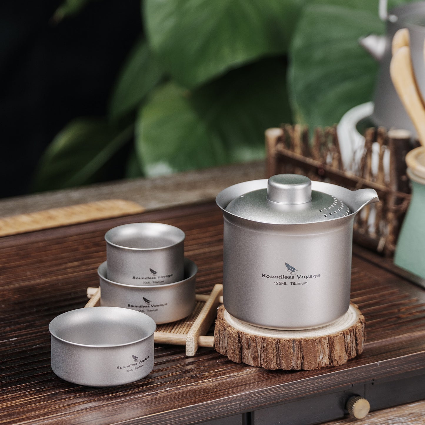 Boundless Voyage Titanium Double-Layer Tea Maker Set, Comes with 3Pcs 30ml Mini Tea Cups, Ultralight Portable Complete Tea Set for Outdoor Camping Travel Tea Brewing Ti3149D