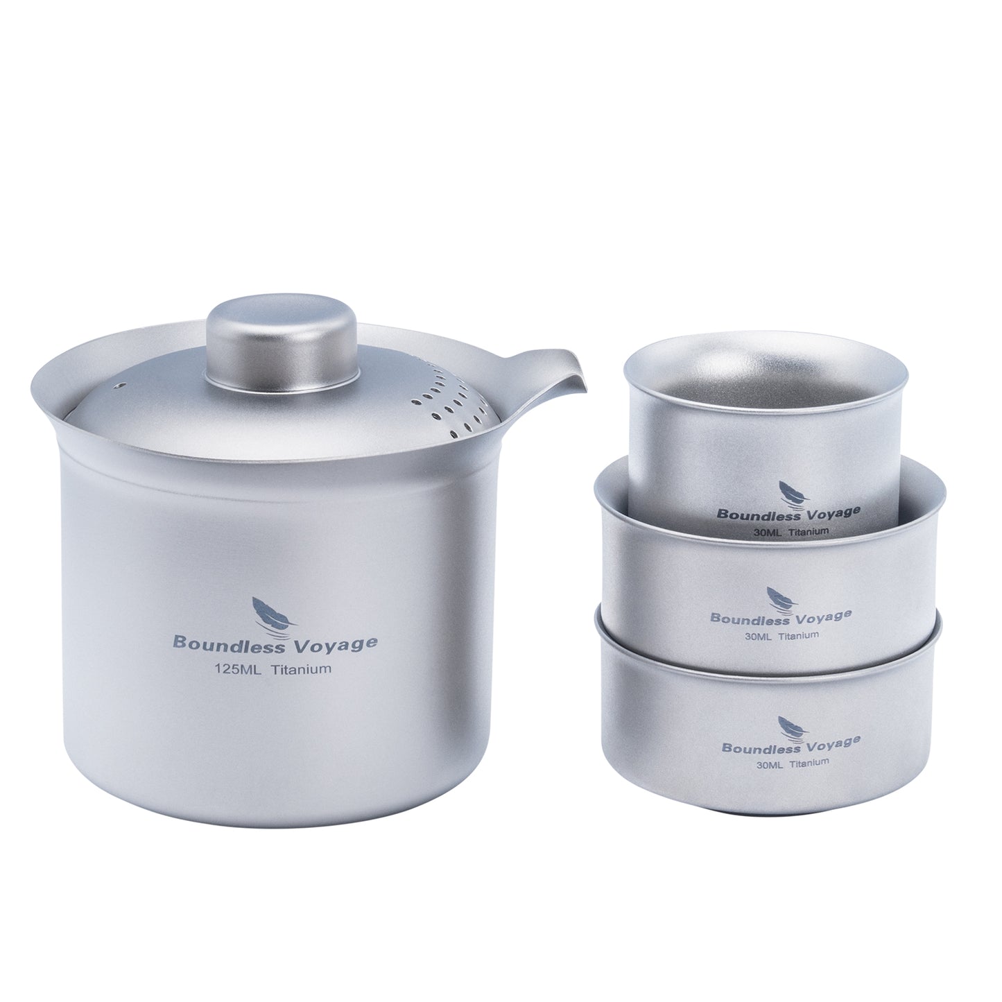 Boundless Voyage Titanium Double-Layer Tea Maker Set, Comes with 3Pcs 30ml Mini Tea Cups, Ultralight Portable Complete Tea Set for Outdoor Camping Travel Tea Brewing Ti3149D