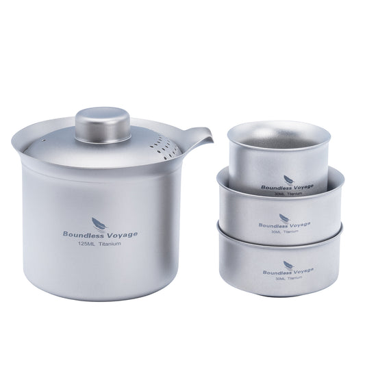 Boundless Voyage Titanium Double-Layer Tea Maker Set, Comes with 3Pcs 30ml Mini Tea Cups, Ultralight Portable Complete Tea Set for Outdoor Camping Travel Tea Brewing Ti3149D