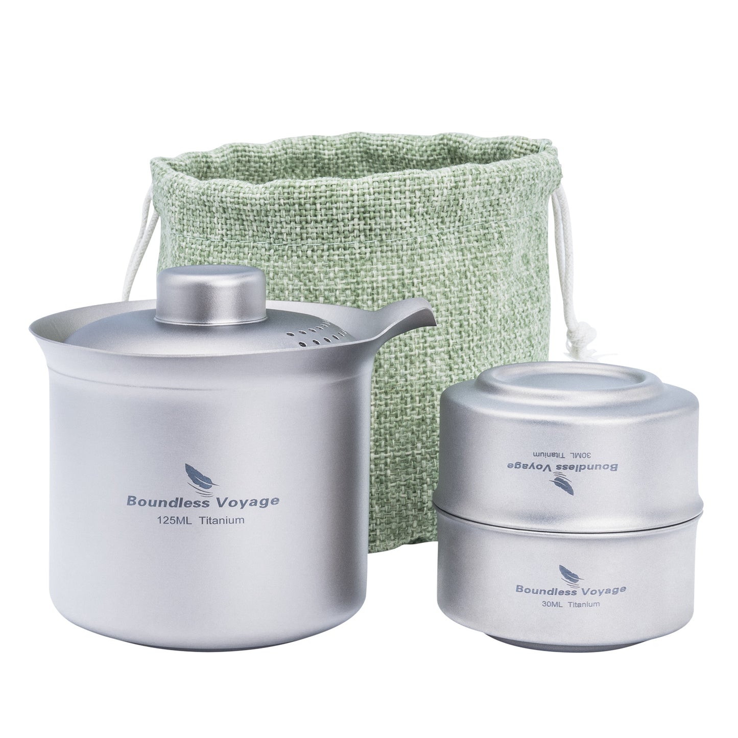 Boundless Voyage Titanium Double-Layer Tea Maker Set, Comes with 3Pcs 30ml Mini Tea Cups, Ultralight Portable Complete Tea Set for Outdoor Camping Travel Tea Brewing Ti3149D