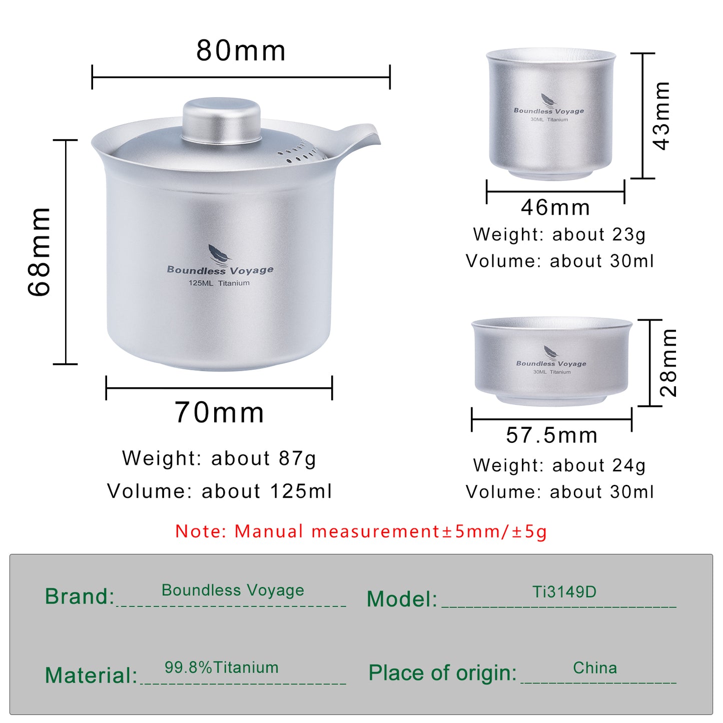 Boundless Voyage Titanium Double-Layer Tea Maker Set, Comes with 3Pcs 30ml Mini Tea Cups, Ultralight Portable Complete Tea Set for Outdoor Camping Travel Tea Brewing Ti3149D