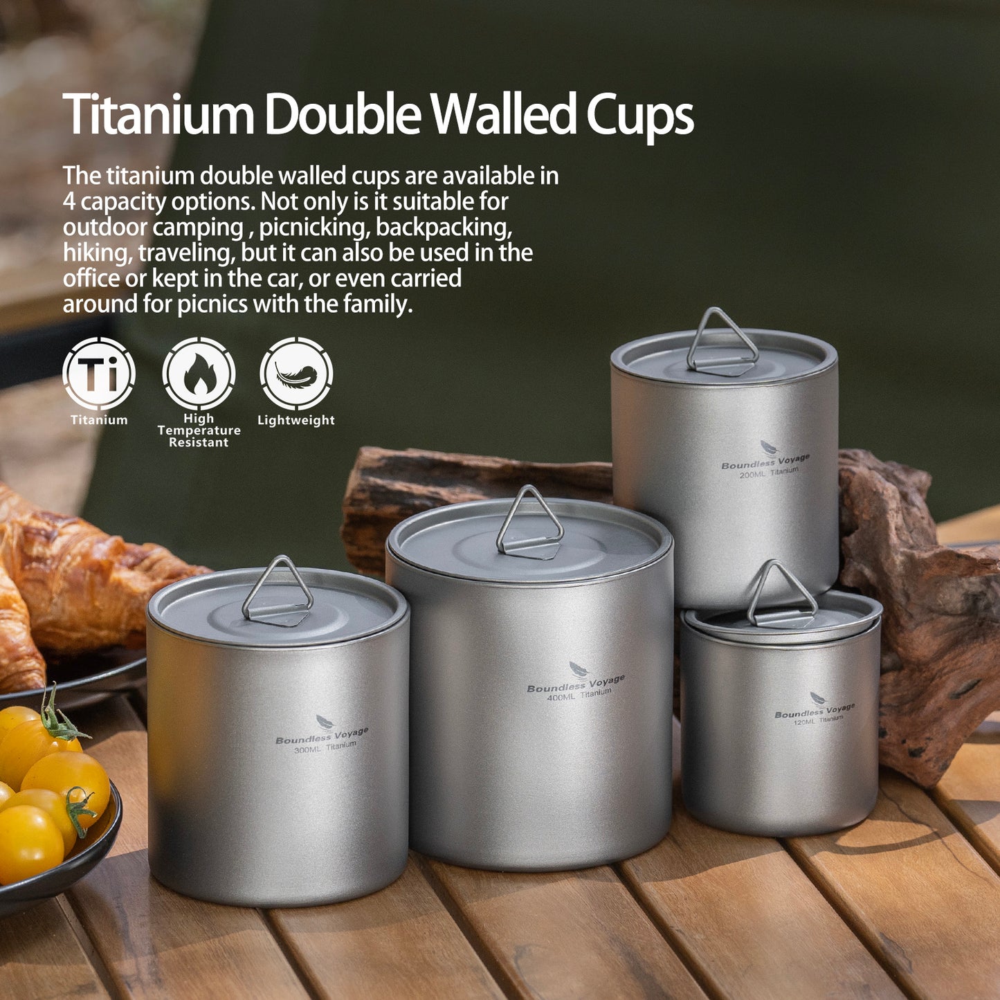 Boundless Voyage Stackable Double Walled Pure Titanium Cup |120ml/200ml/300ml/400ml Ultralight Durable Coffee & Tea Mug, Portable Drinkware for Outdoor Camping & Daily Home Use Ti3240D-Ti3245D