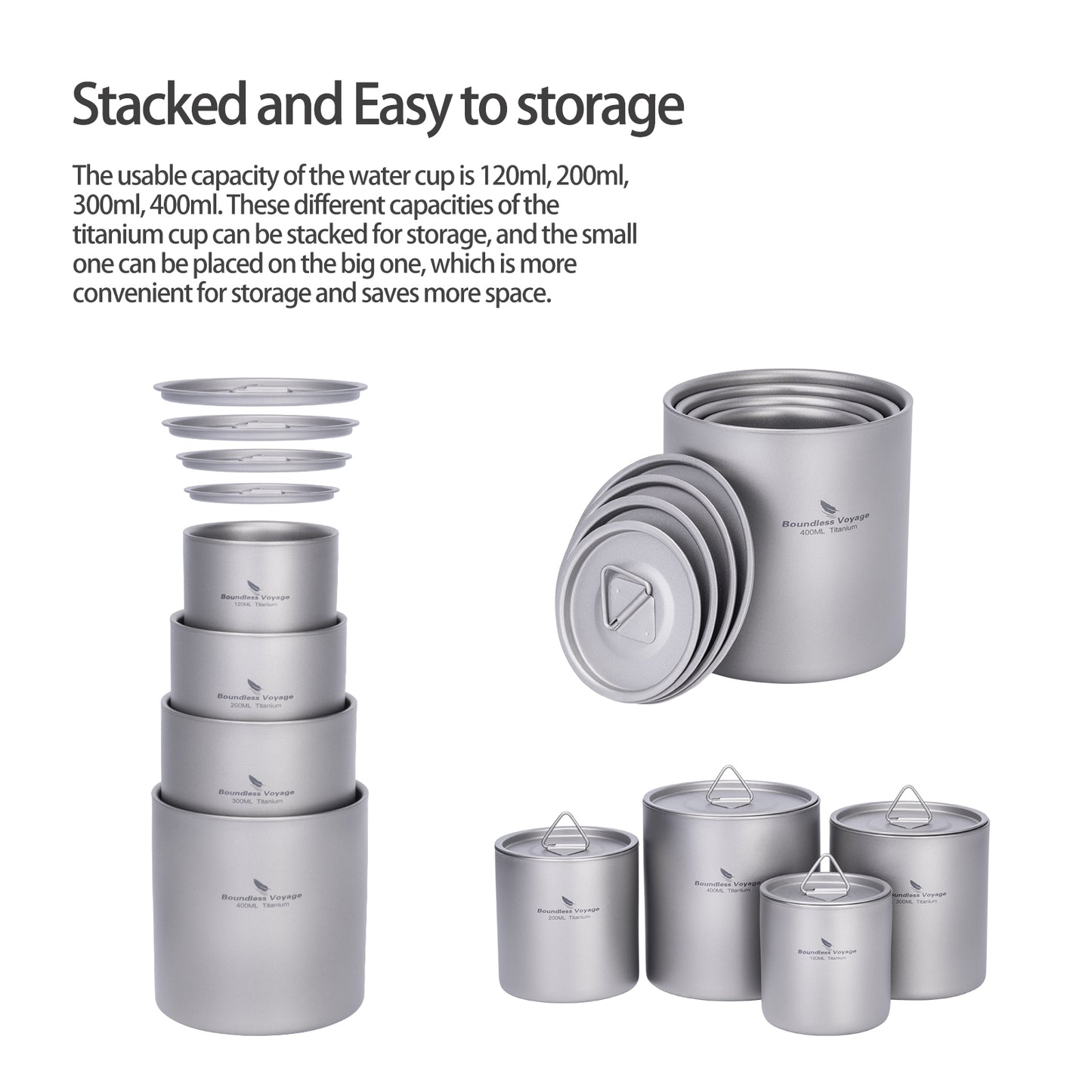 Boundless Voyage Stackable Double Walled Pure Titanium Cup |120ml/200ml/300ml/400ml Ultralight Durable Coffee & Tea Mug, Portable Drinkware for Outdoor Camping & Daily Home Use Ti3240D-Ti3245D