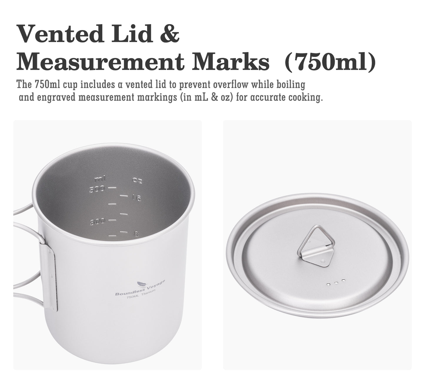 Boundless Voyage Titanium Camping Cup with Lid 300ml 450ml 750ml Stackable Lightweight Mug Pot for Backpacking, Hiking, Travel Durable Portable Cookware for Ultralight Outdoor Enthusiasts Ti3247D-Ti3250D