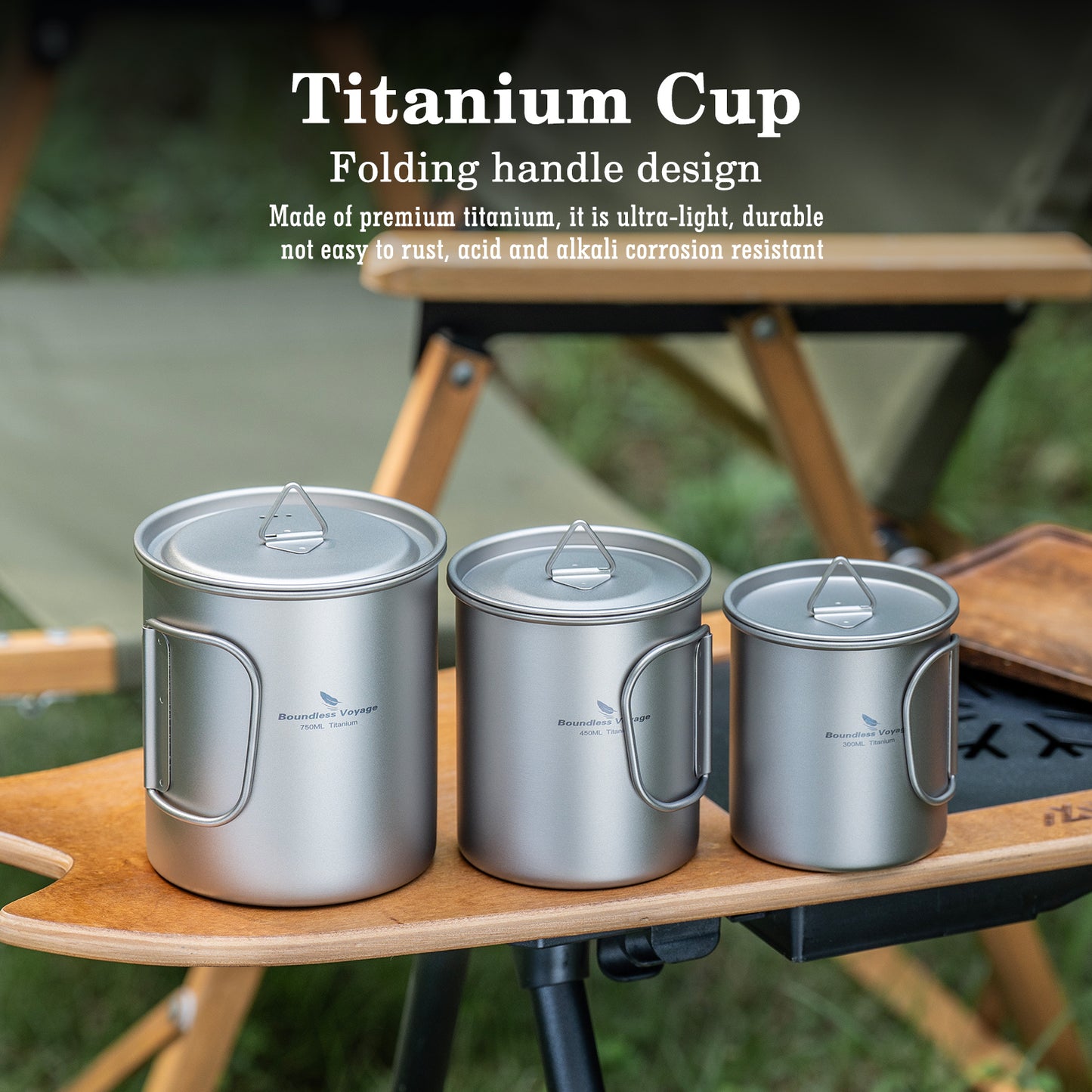 Boundless Voyage Titanium Camping Cup with Lid 300ml 450ml 750ml Stackable Lightweight Mug Pot for Backpacking, Hiking, Travel Durable Portable Cookware for Ultralight Outdoor Enthusiasts 3247-3250D