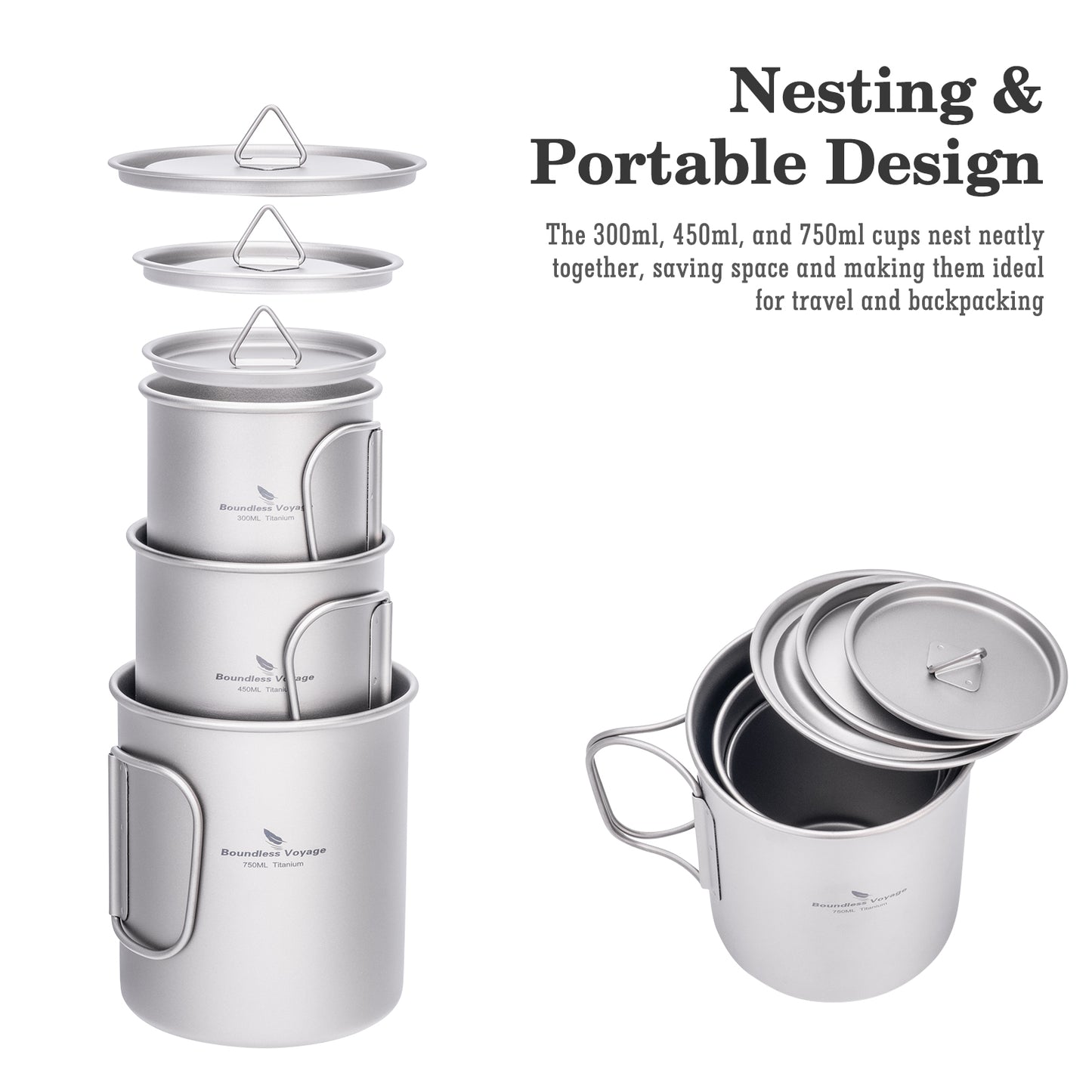 Boundless Voyage Titanium Camping Cup with Lid 300ml 450ml 750ml Stackable Lightweight Mug Pot for Backpacking, Hiking, Travel Durable Portable Cookware for Ultralight Outdoor Enthusiasts Ti3247D-Ti3250D