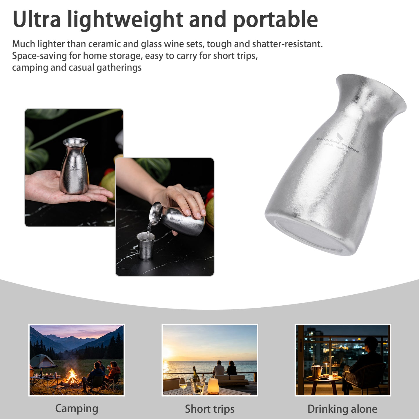 Boundless Voyage Titanium Sake Carafe & Shot Cup Set, Liquor Dispenser with Drinking Cups for Whiskey Spirits Camping Home Bar Ti3266A Ti3268A Ti3080D