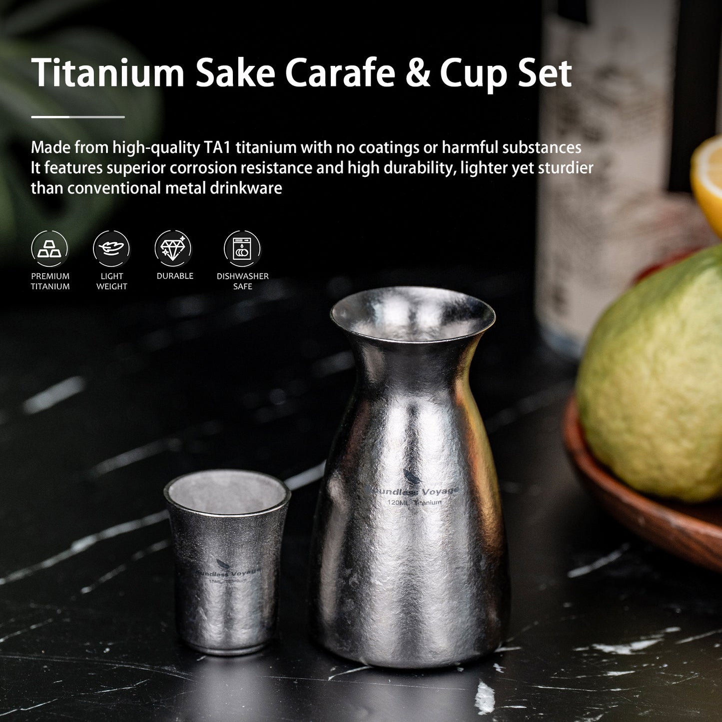 Boundless Voyage Titanium Sake Carafe & Shot Cup Set, Liquor Dispenser with Drinking Cups for Whiskey Spirits Camping Home Bar Ti3266A Ti3268A Ti3080D
