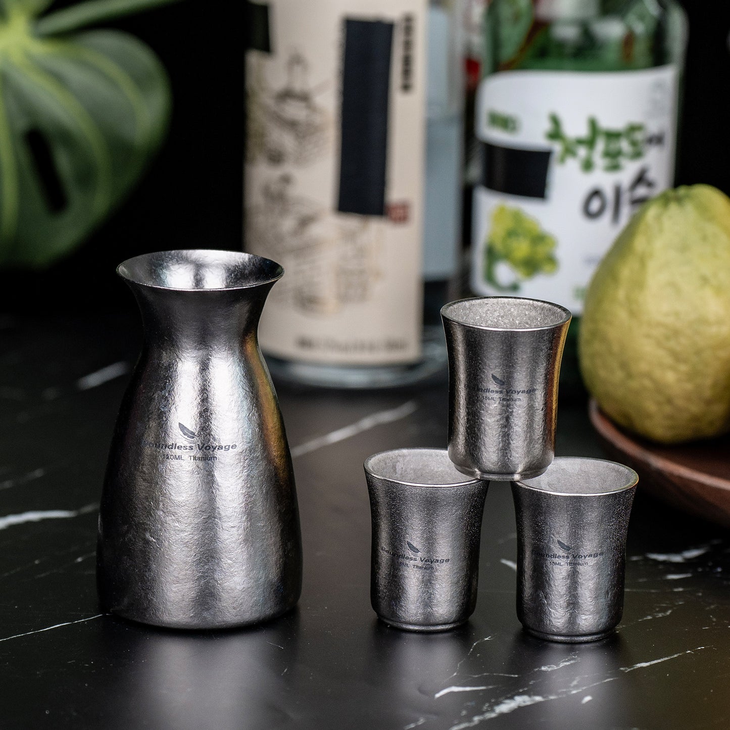 Boundless Voyage Titanium Sake Carafe & Shot Cup Set, Liquor Dispenser with Drinking Cups for Whiskey Spirits Camping Home Bar Ti3266A Ti3268A Ti3080D
