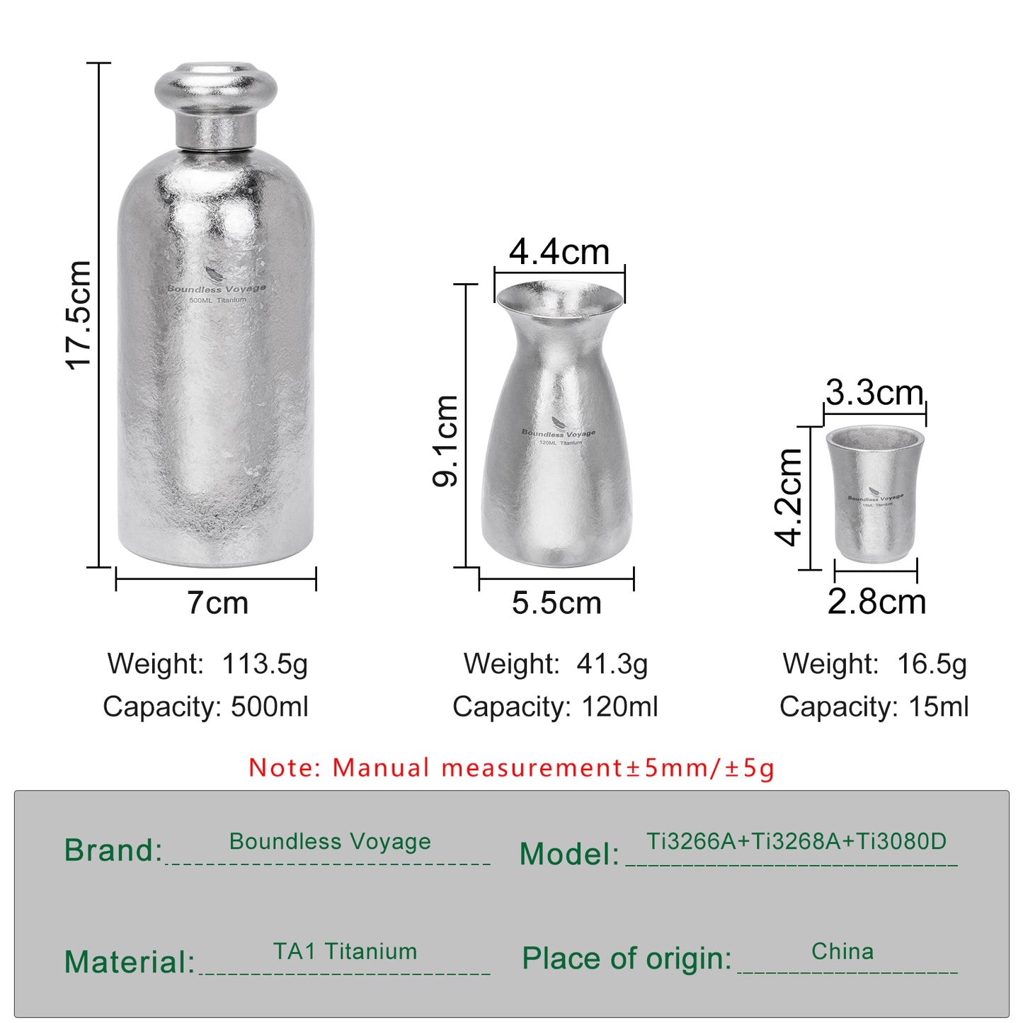 Boundless Voyage Titanium Sake Carafe & Shot Cup Set, Liquor Dispenser with Drinking Cups for Whiskey Spirits Camping Home Bar Ti3266A Ti3268A Ti3080D