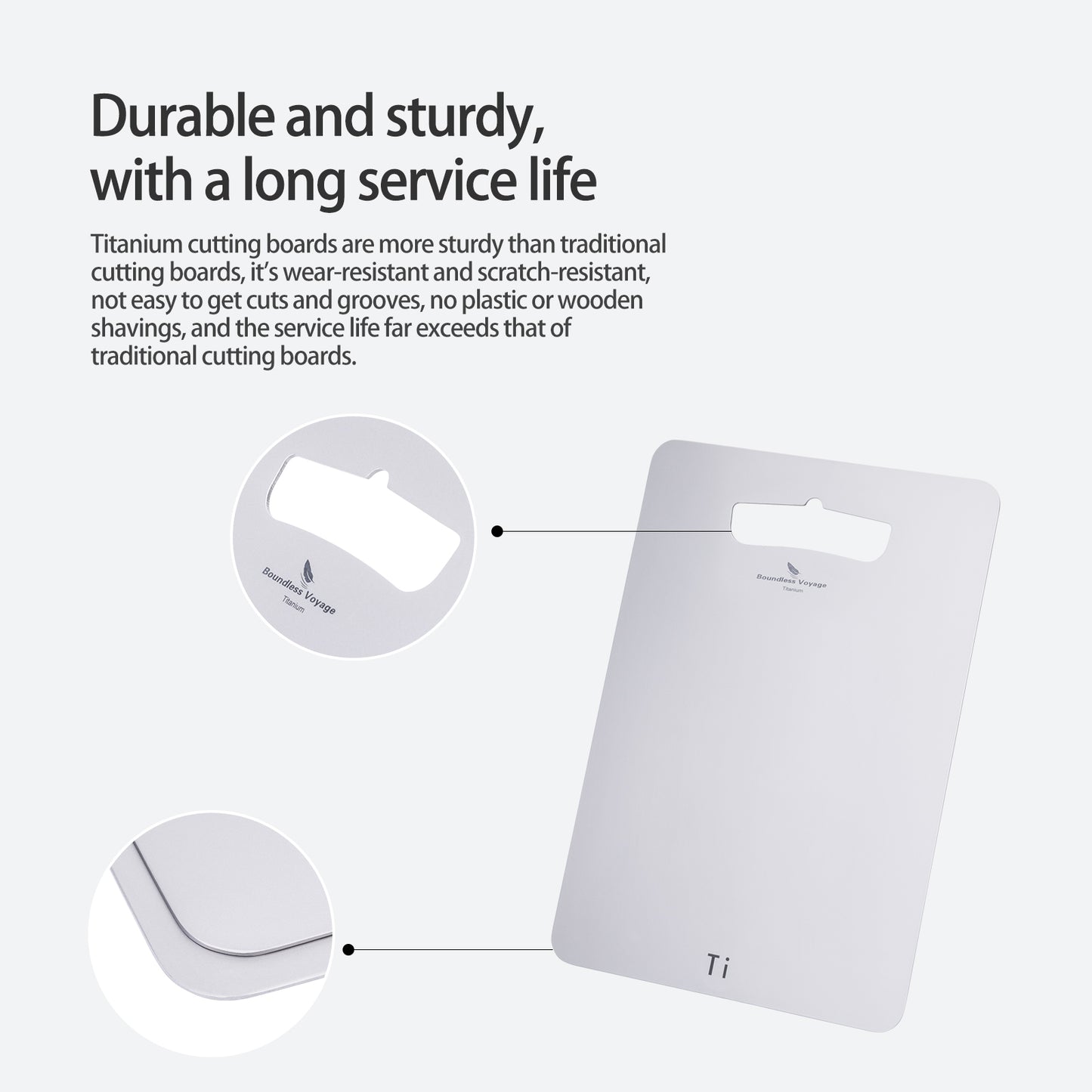 Boundless Voyage Titanium Cutting Board Natural Finish, Dual-Side Hanging Hole for Kitchen Camping Ti5000P-Ti5002P