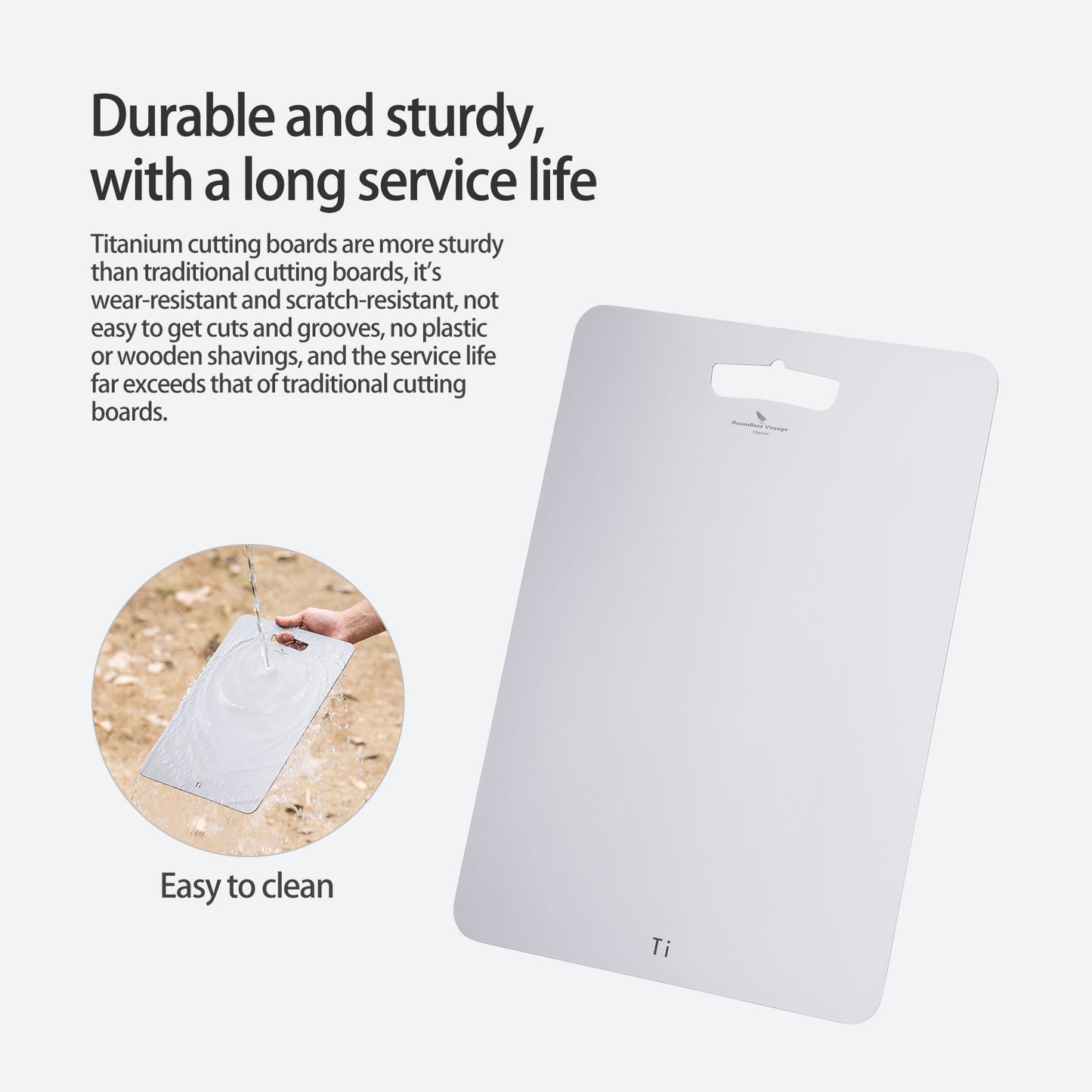 Boundless Voyage Titanium Cutting Board Natural Finish, Dual-Side Hanging Hole for Kitchen Camping Ti5000P-Ti5002P