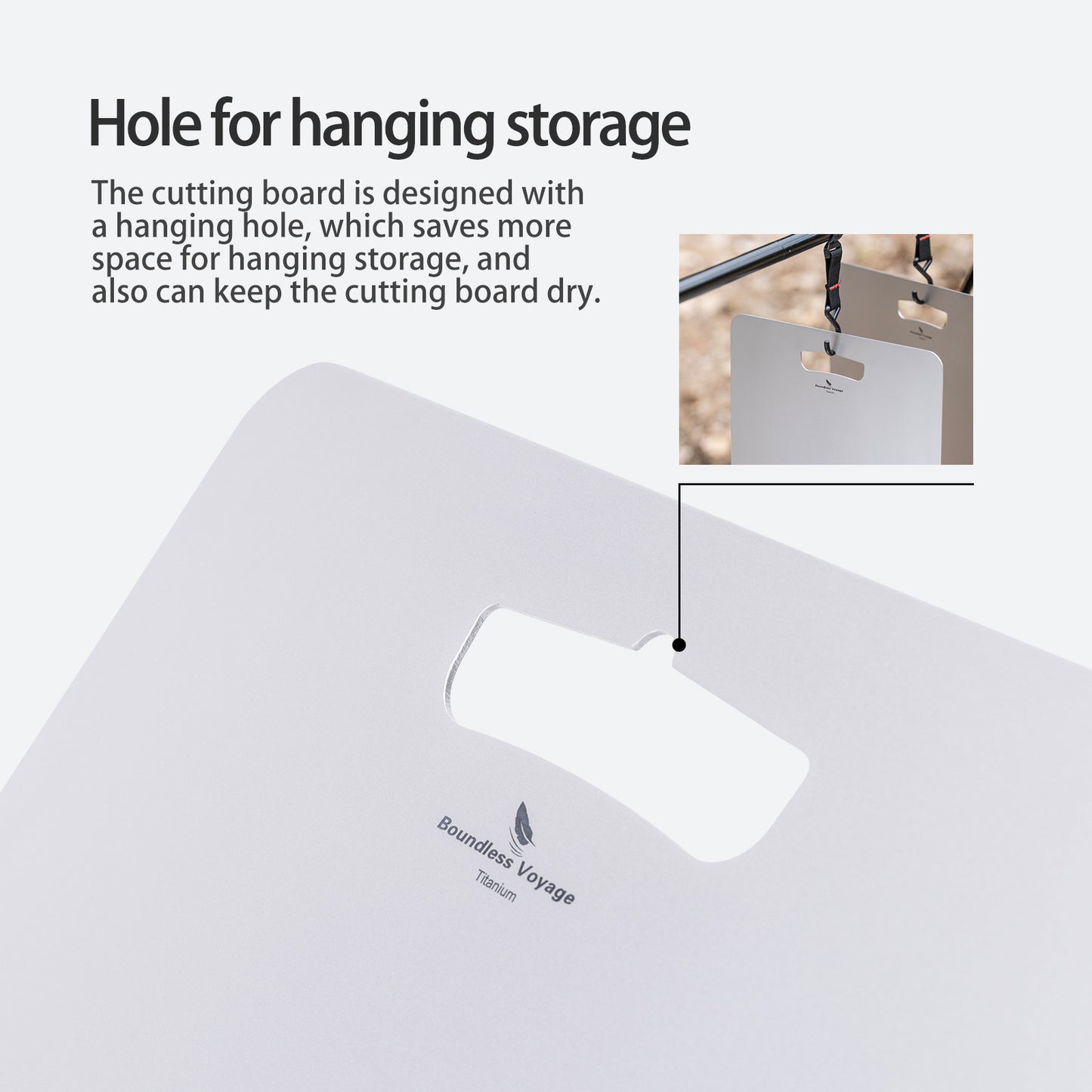 Boundless Voyage Titanium Cutting Board Natural Finish, Dual-Side Hanging Hole for Kitchen Camping Ti5000P-Ti5002P
