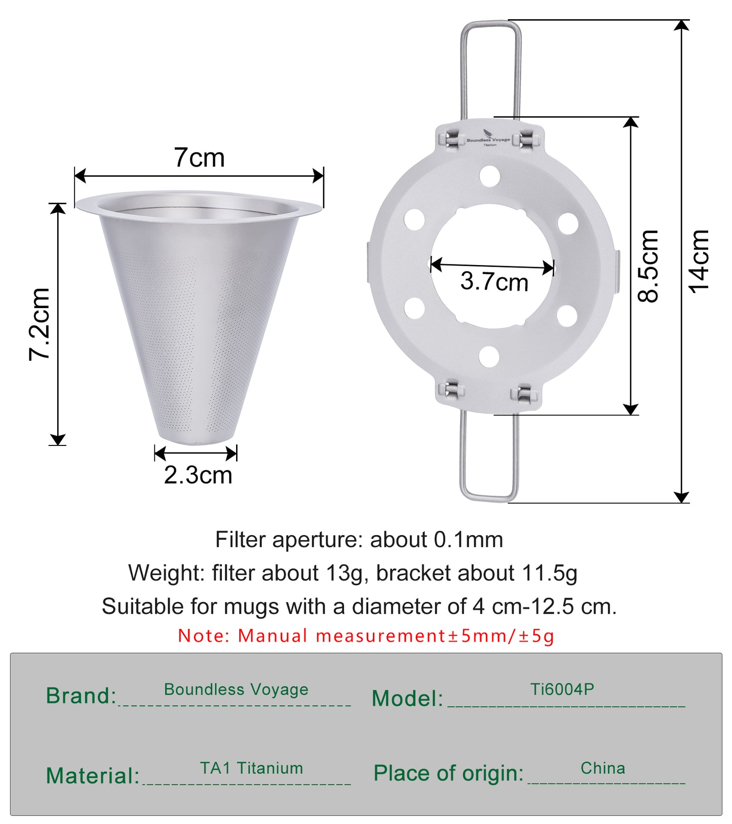 Boundless Voyage Titanium Pour Over Coffee Dripper, Paperless Reusable Metal Cone Coffee Filter with Foldable Holder, Portable Coffee Maker for Home Office Outdoor Travel Camping Ti6004P