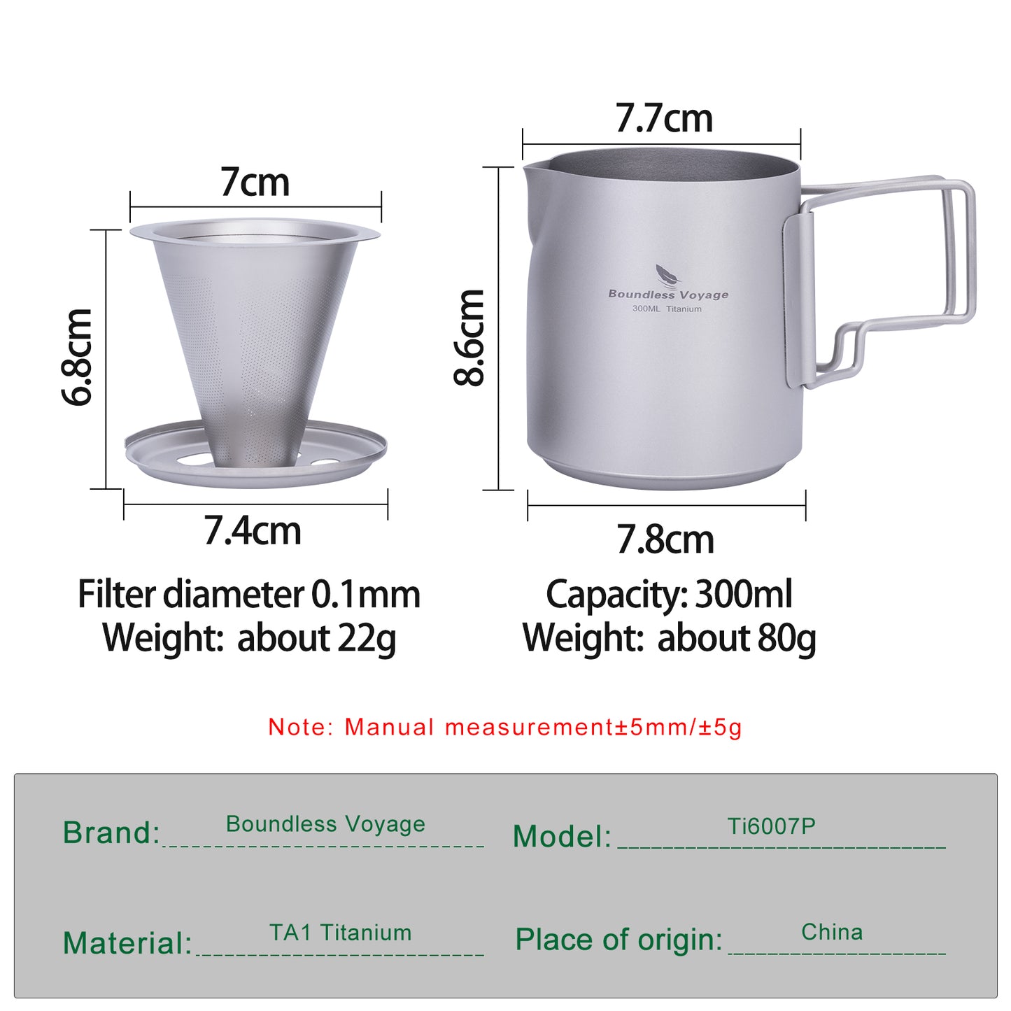 Boundless Voyage Titanium Portable Pour-over Coffee Set 300ml Coffee Mug with Detachable Dripper Outdoor Camping Coffee Maker