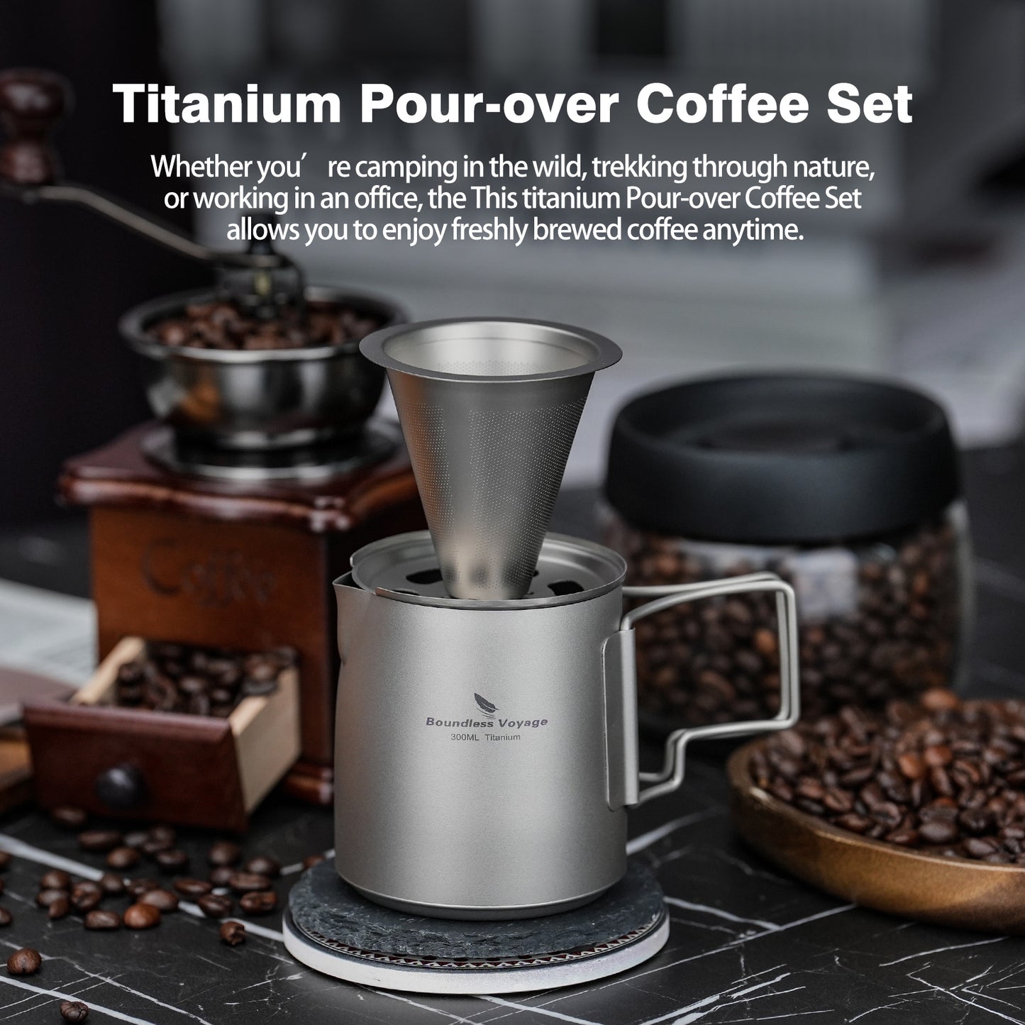 Boundless Voyage Titanium Portable Pour-over Coffee Set 300ml Coffee Mug with Detachable Dripper Outdoor Camping Coffee Maker