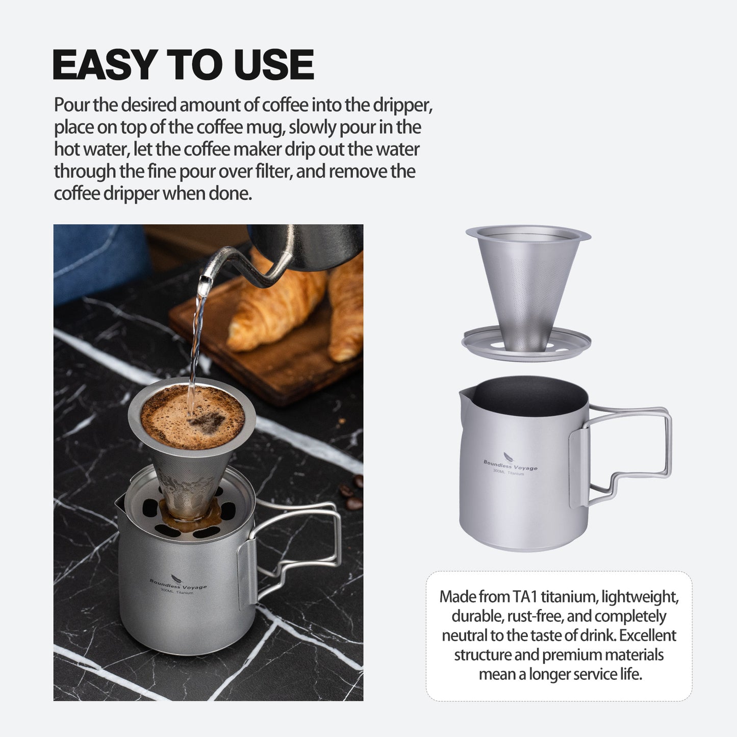Boundless Voyage Titanium Portable Pour-over Coffee Set 300ml Coffee Mug with Detachable Dripper Outdoor Camping Coffee Maker