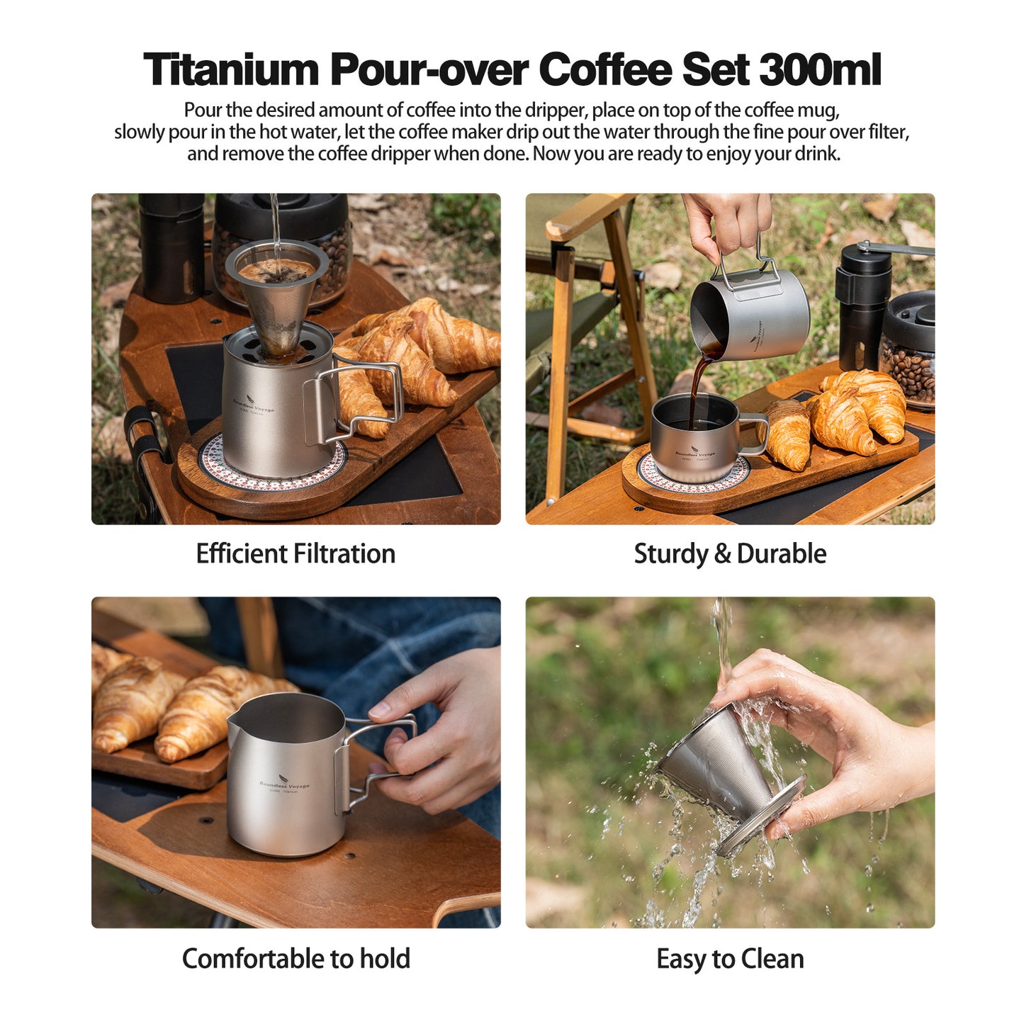 Boundless Voyage Titanium Portable Pour-over Coffee Set 300ml Coffee Mug with Detachable Dripper Outdoor Camping Coffee Maker