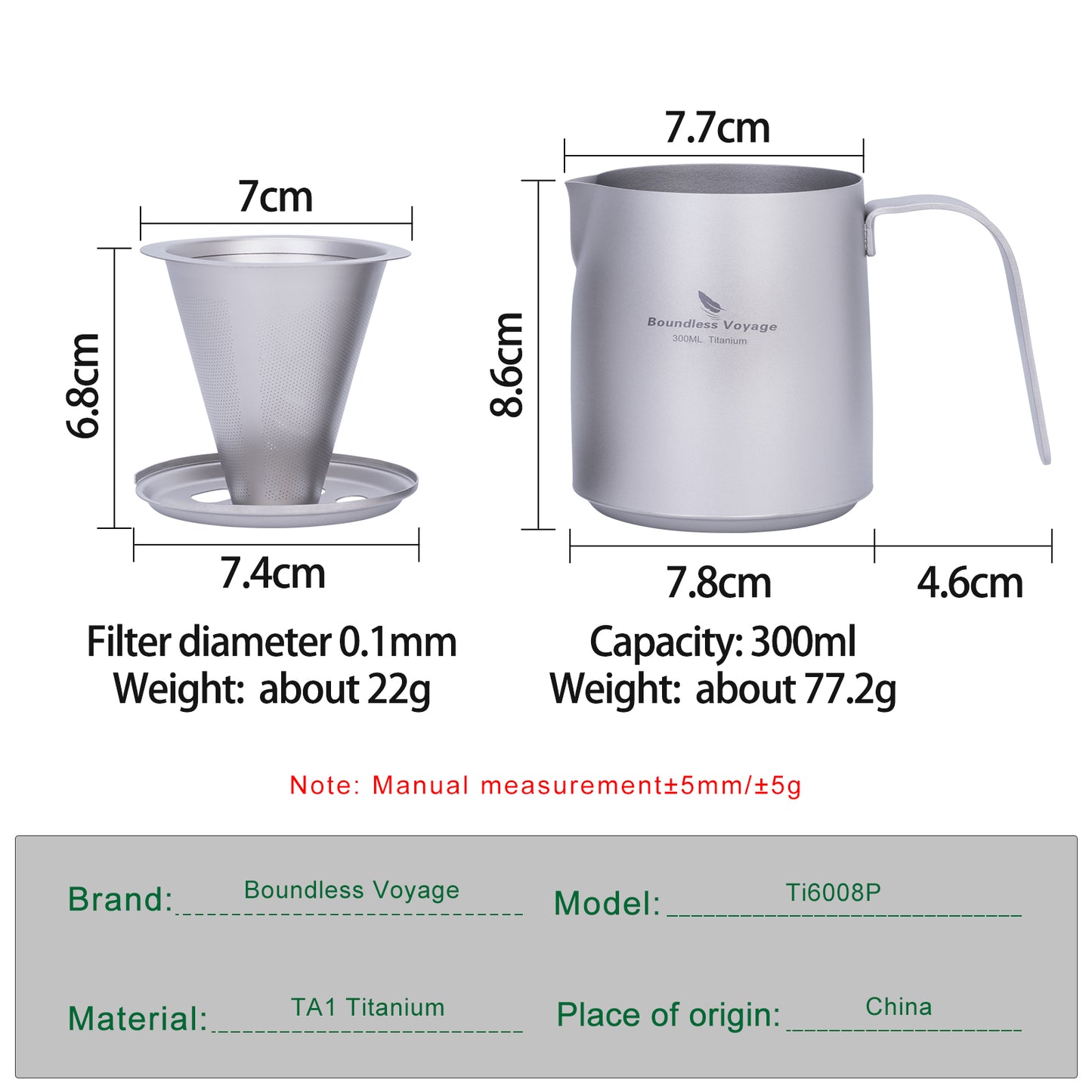 Boundless Voyage Titanium Portable Pour-over Coffee Set 300ml Coffee Mug with Detachable Dripper Outdoor Camping Coffee Maker Ti6008P