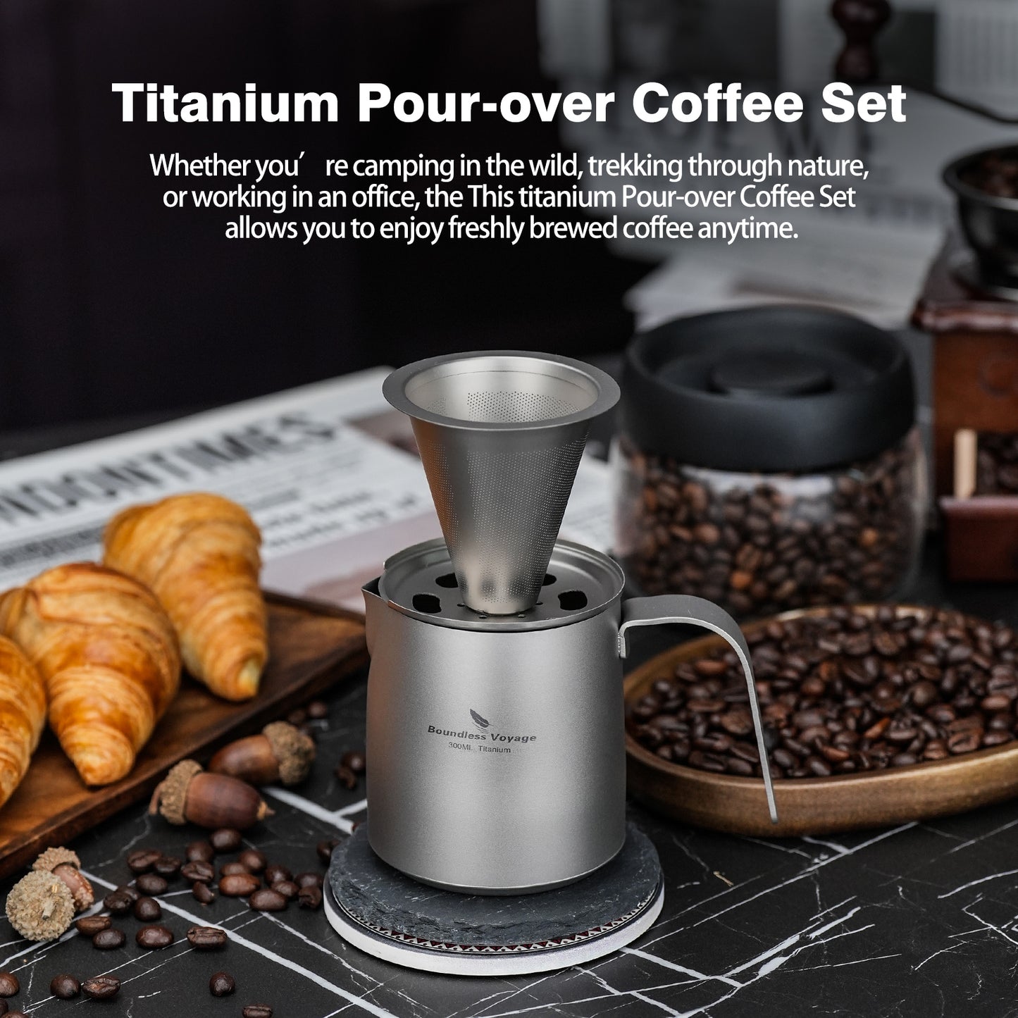Boundless Voyage Titanium Portable Pour-over Coffee Set 300ml Coffee Mug with Detachable Dripper Outdoor Camping Coffee Maker Ti6008P