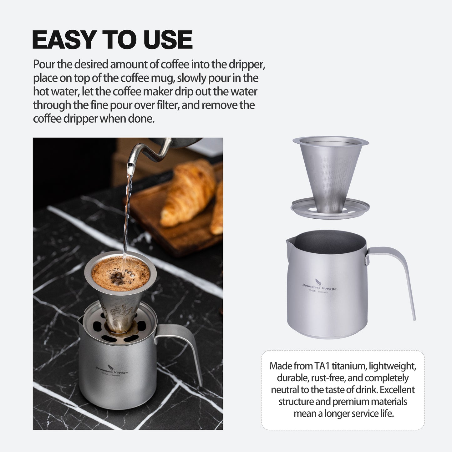 Boundless Voyage Titanium Portable Pour-over Coffee Set 300ml Coffee Mug with Detachable Dripper Outdoor Camping Coffee Maker Ti6008P