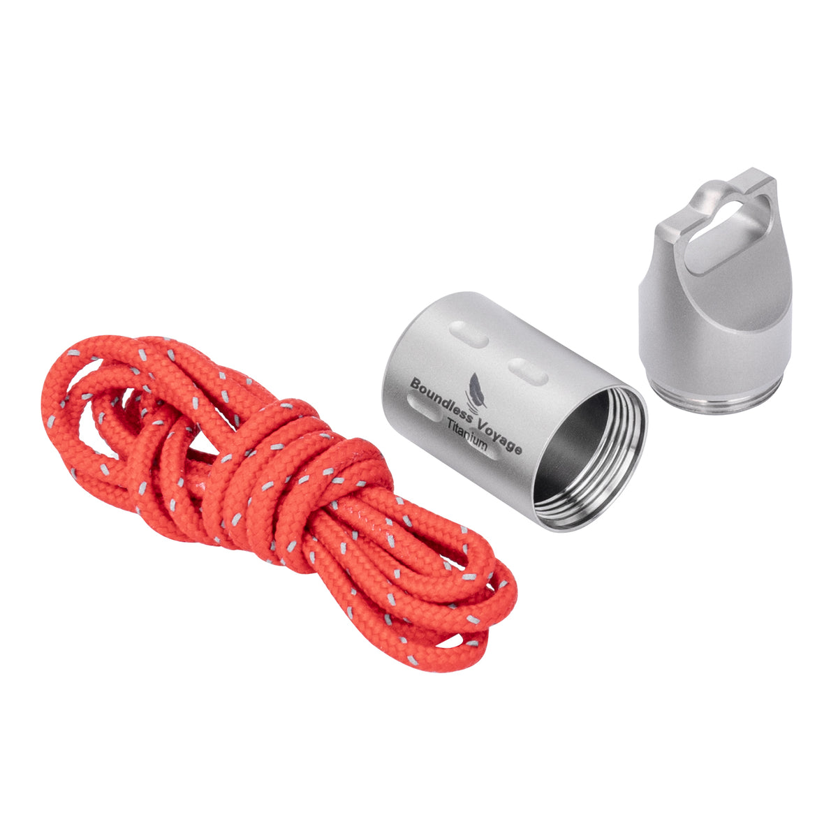 Disassembled Ti9009A titanium pill box showing threaded body screw cap and red lanyard