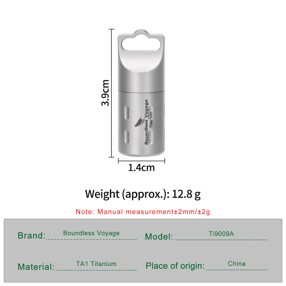 Boundless Voyage Ti9009A titanium pill container dimensions 3.9x1.4cm and weight 12.8g