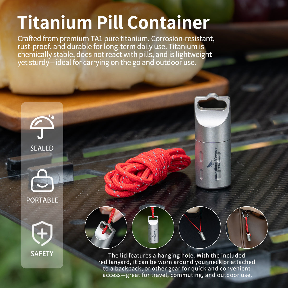 Boundless Voyage pure titanium waterproof pill case Ti9009A with multi-wear lanyard