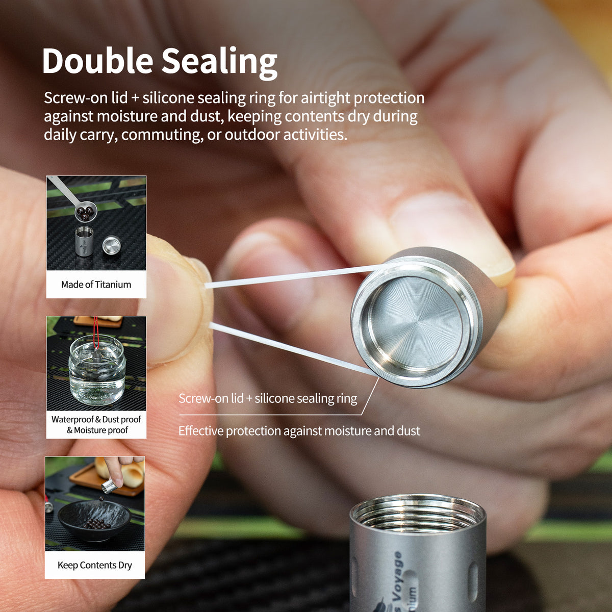 Precision screw thread and food-grade silicone O-ring airtight seal on Ti9009A pill case